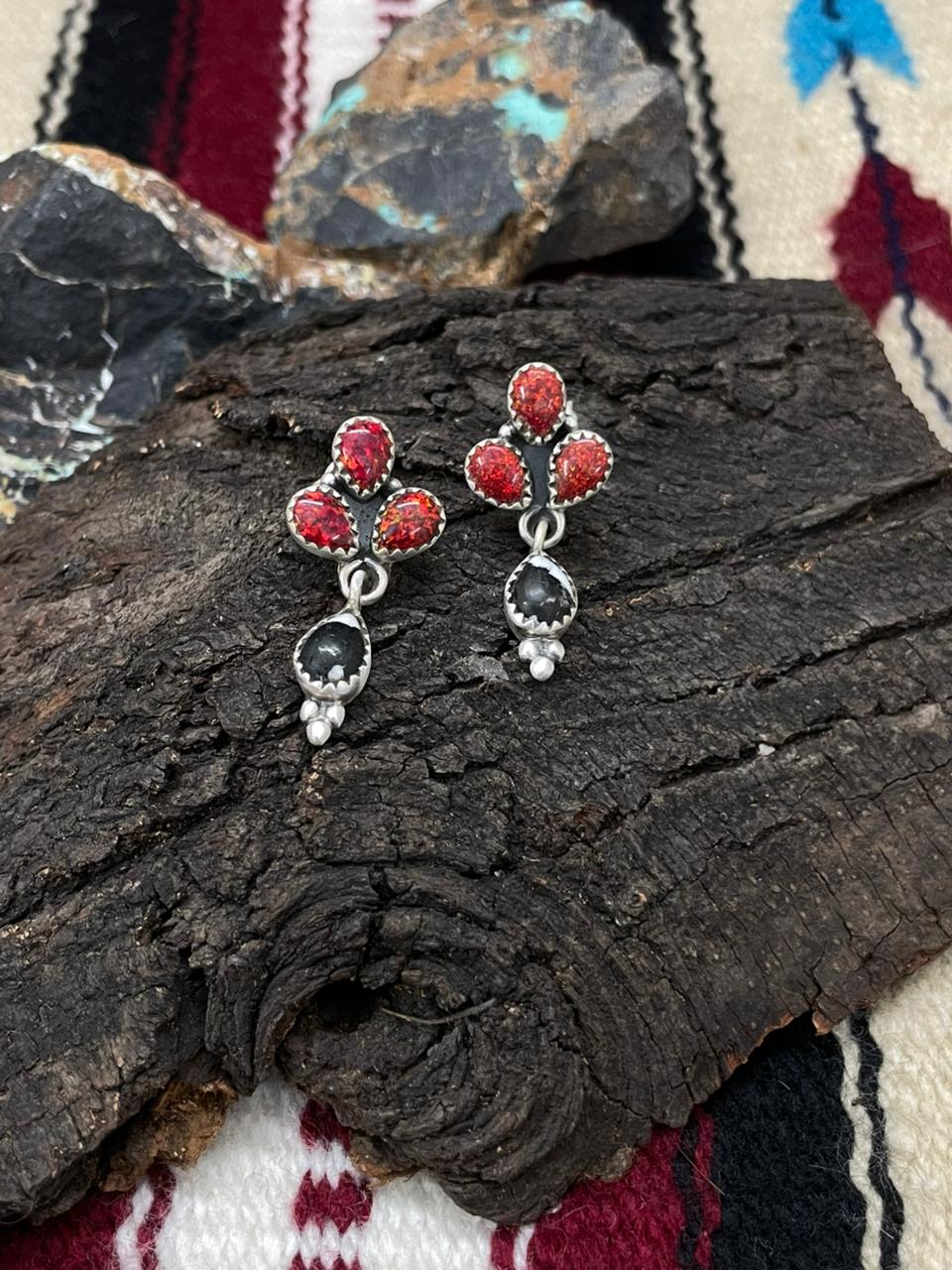 "Christmas Collection" Handmade Sterling Silver White Buffalo with Red Opal Dangle Earrings "Signed Nizhoni"