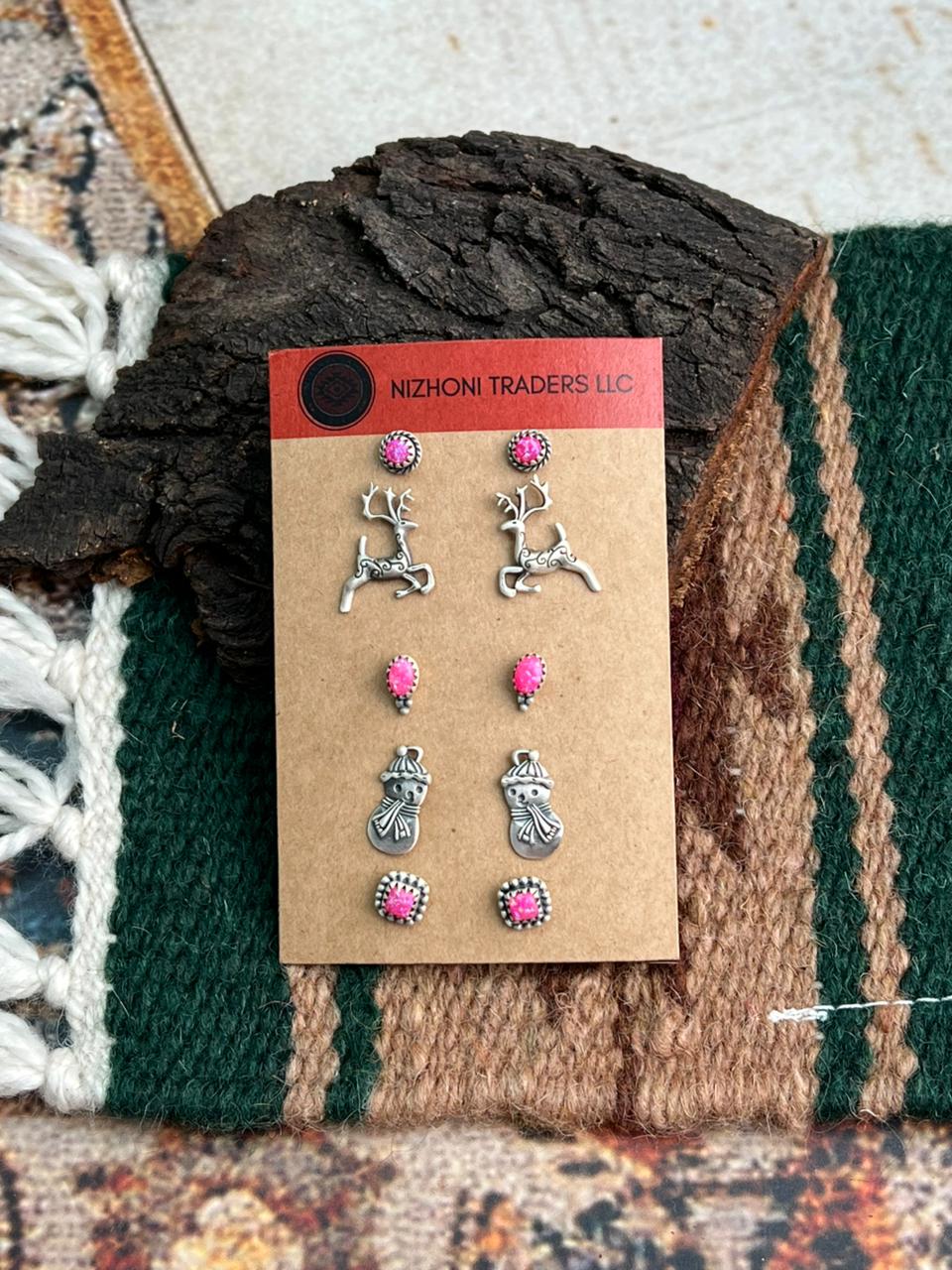 Handmade Sterling Silver Hot Pink Post Earring Set Card "Signed Nizhoni"