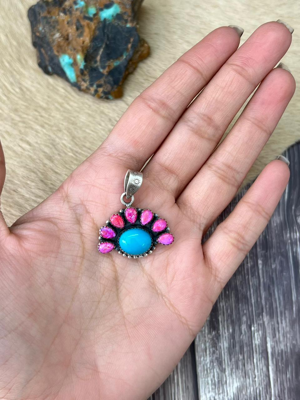Handmade Sterling Silver Arizona Blue Turquoise with Hot Pink Pendant "Signed Nizhoni"