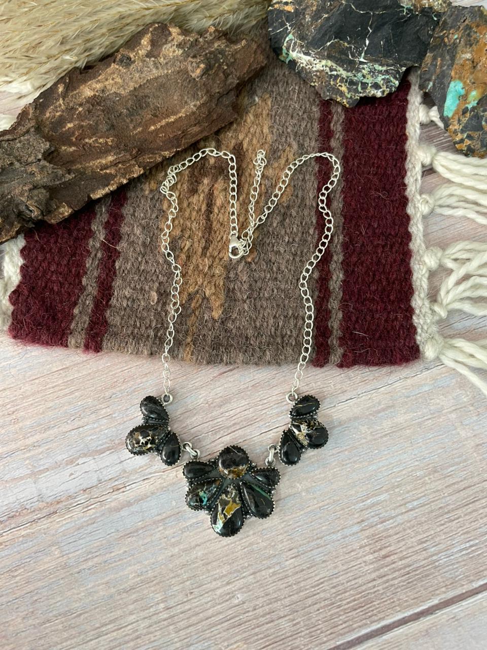 Handmade Sterling Silver Blackjack Turquoise Necklace "Signed Nizhoni"