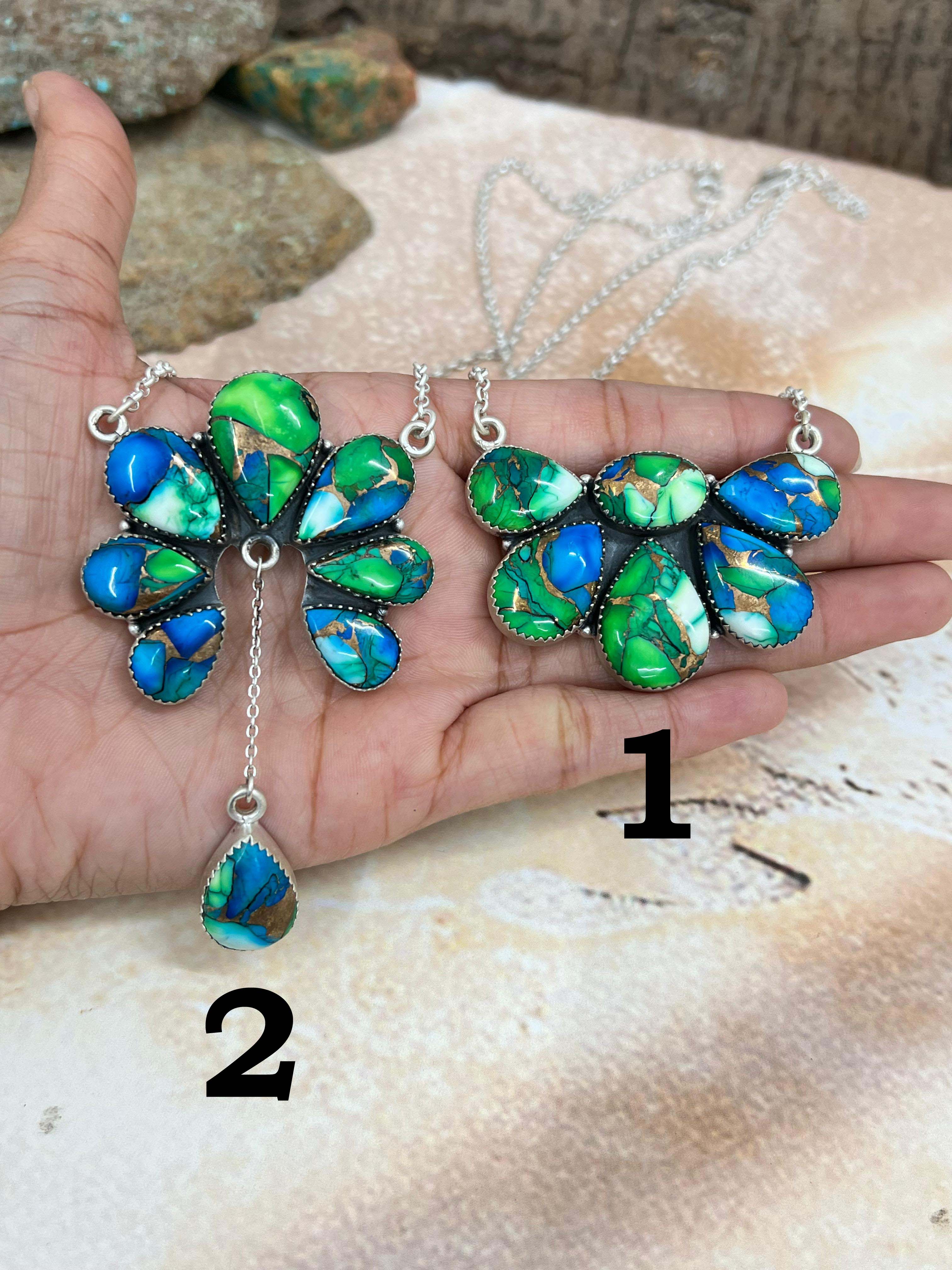 Handmade Sterling Silver Peacock Dahlia Necklace with Signed Nizhoni