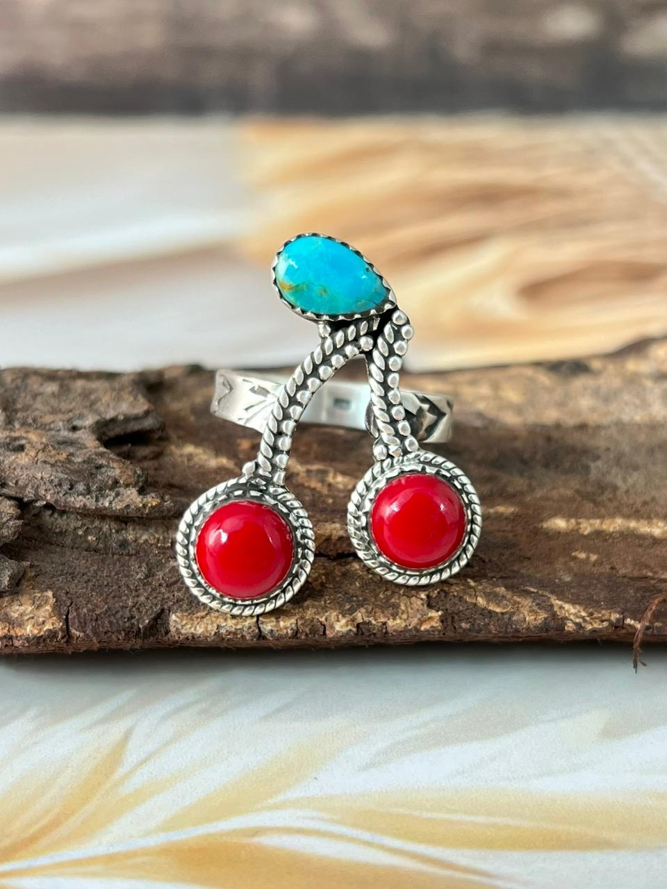 Handmade Sterling Silver Kingman Turquoise with Rosarita Adjustable Cherry Ring "Signed Nizhoni"