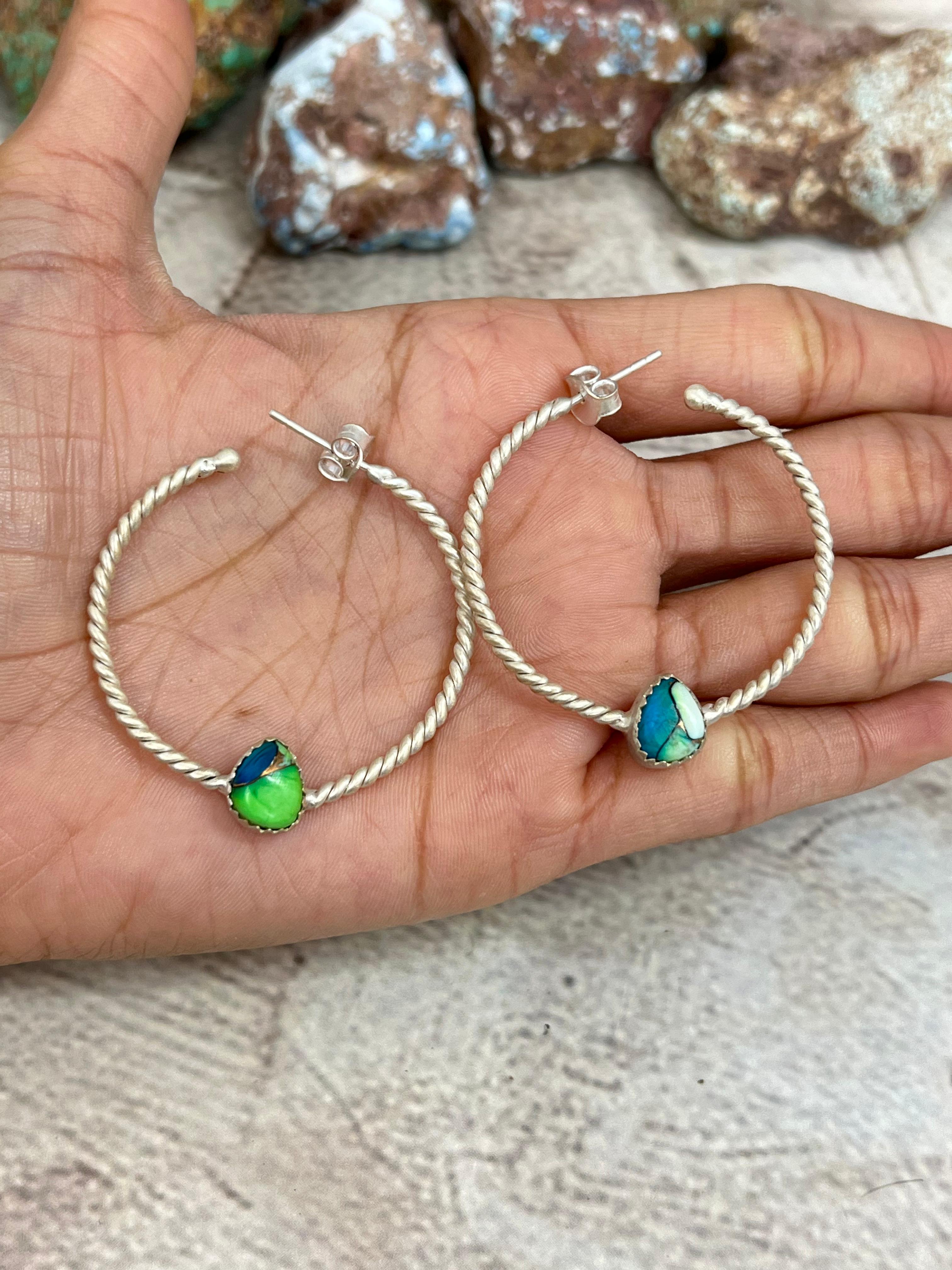 Handmade Sterling Silver Peacock Dahlia, Cotton Candy, Dahlia Rose Hoop Earrings, Signed Nizhoni