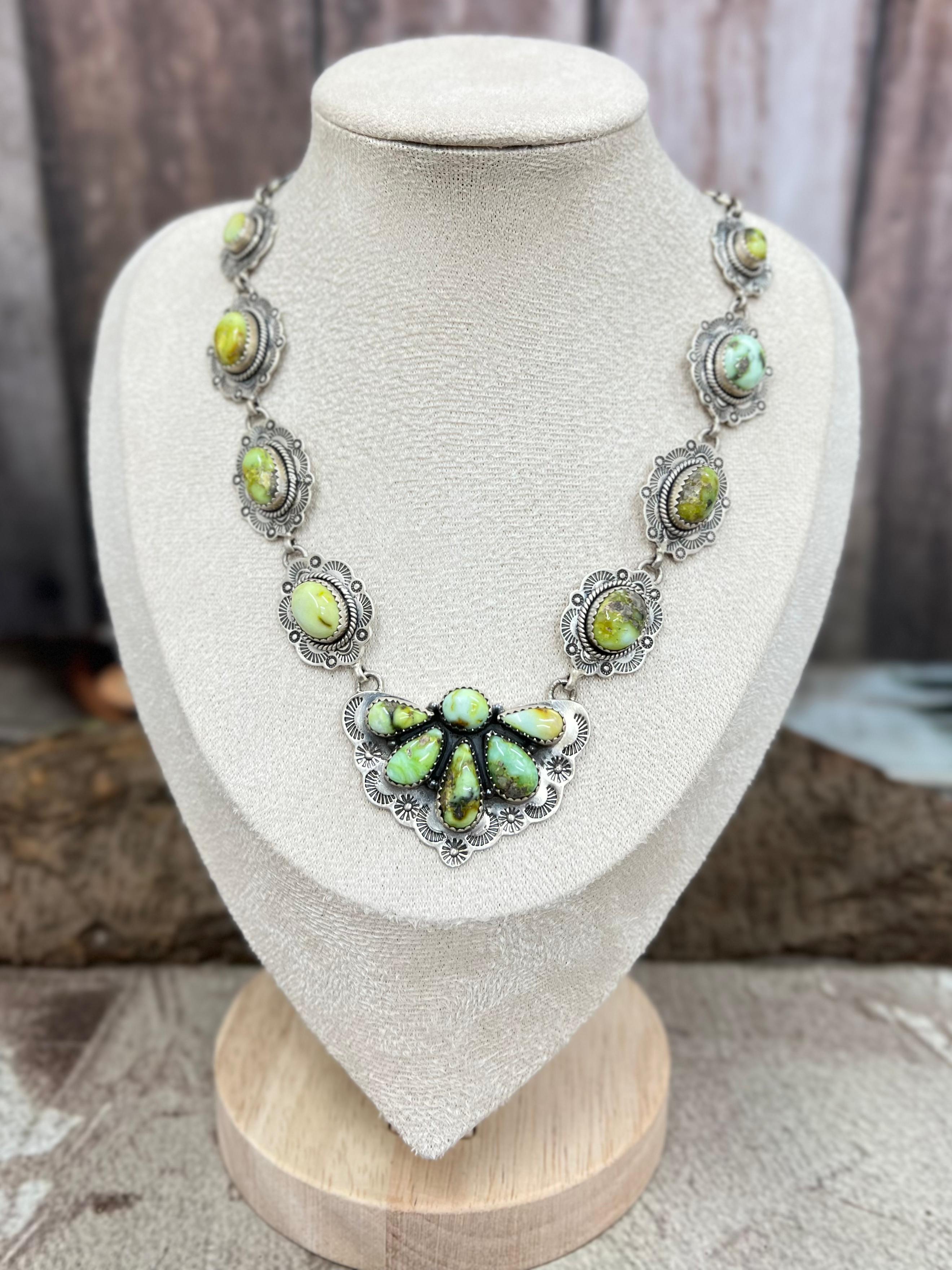 Handmade Sterling Silver Palomino, Sonoran Mountain Turquoise Necklace with Signed Nizhoni