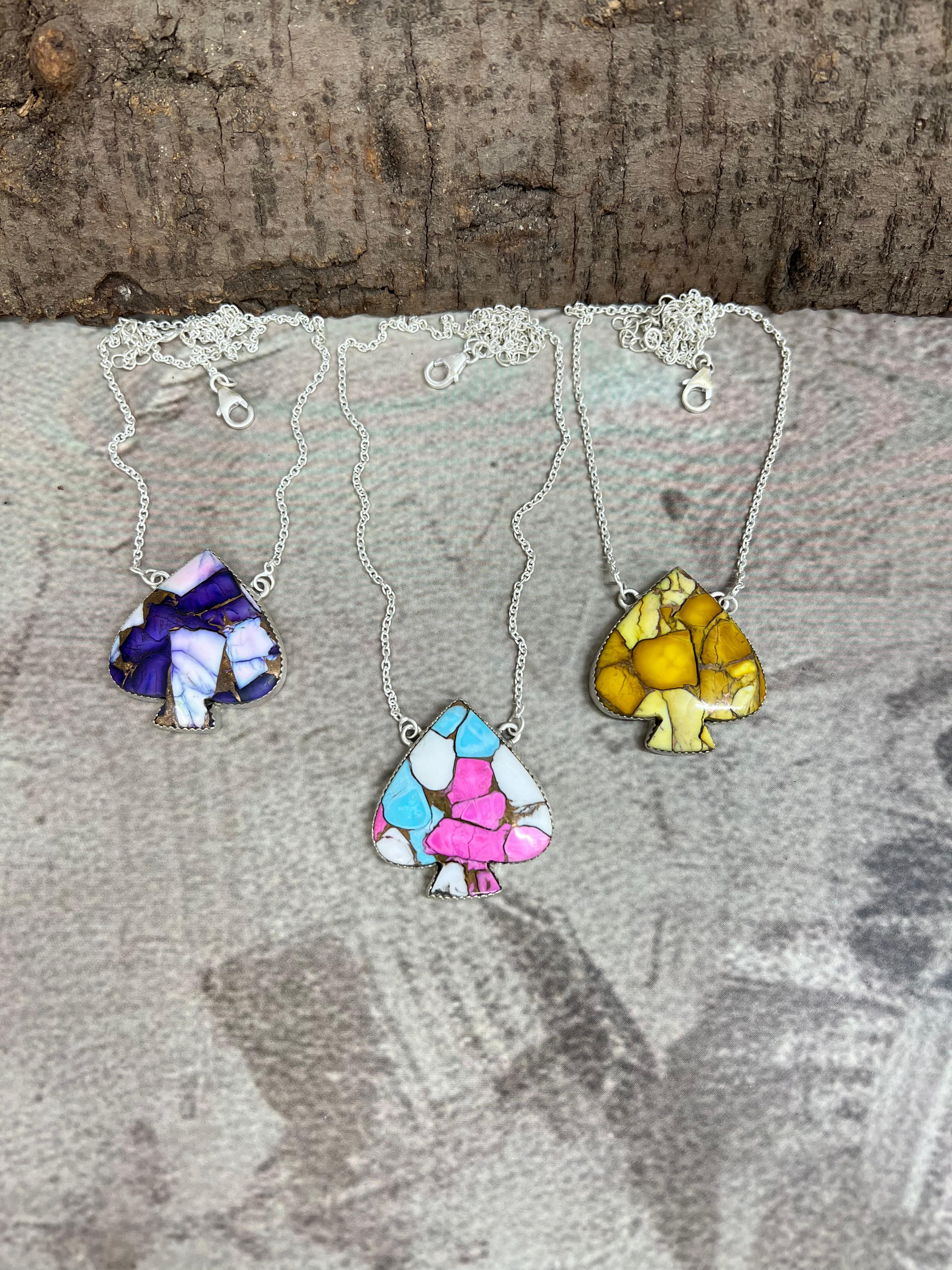 Handmade Sterling Silver Multi Stone Spade Necklace, Signed Nizhoni