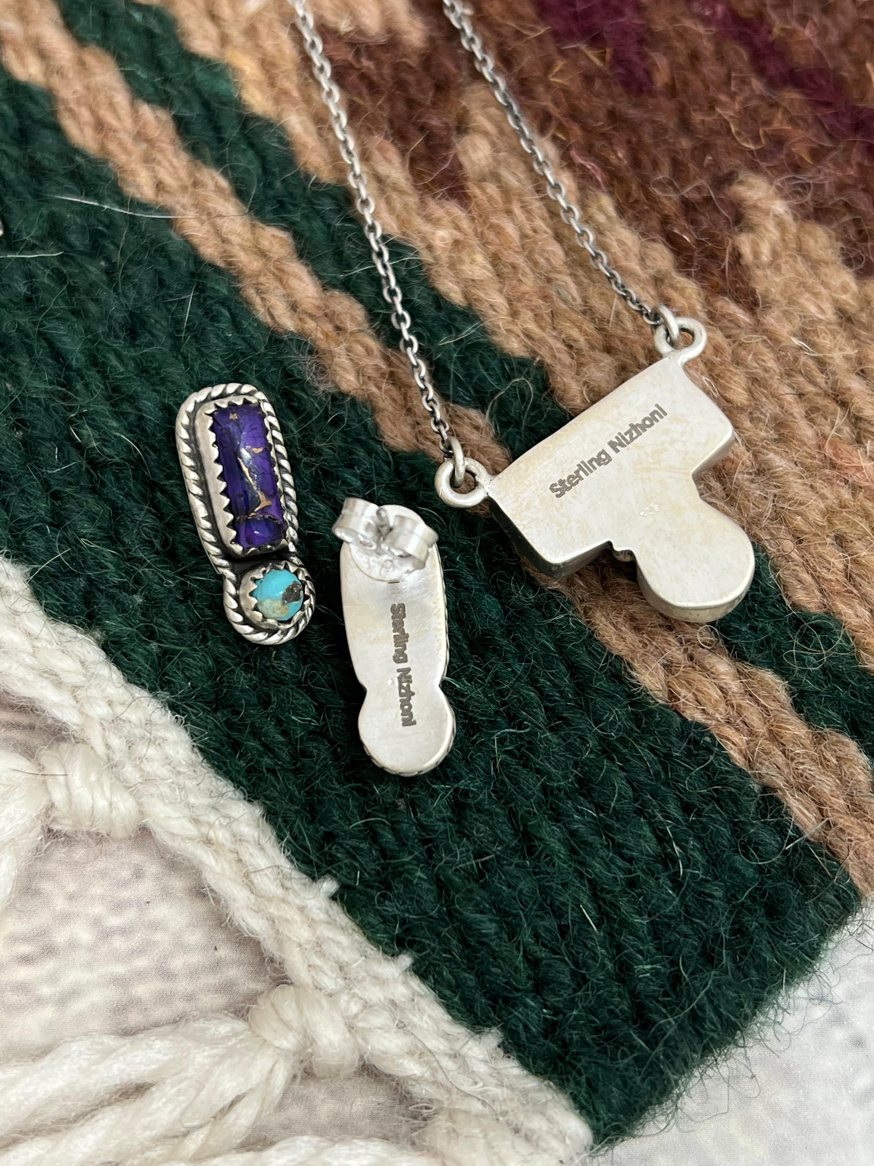 Handmade Sterling Silver Grape Dahlia With Kingman Necklace Earrings Set, Signed Nizhoni