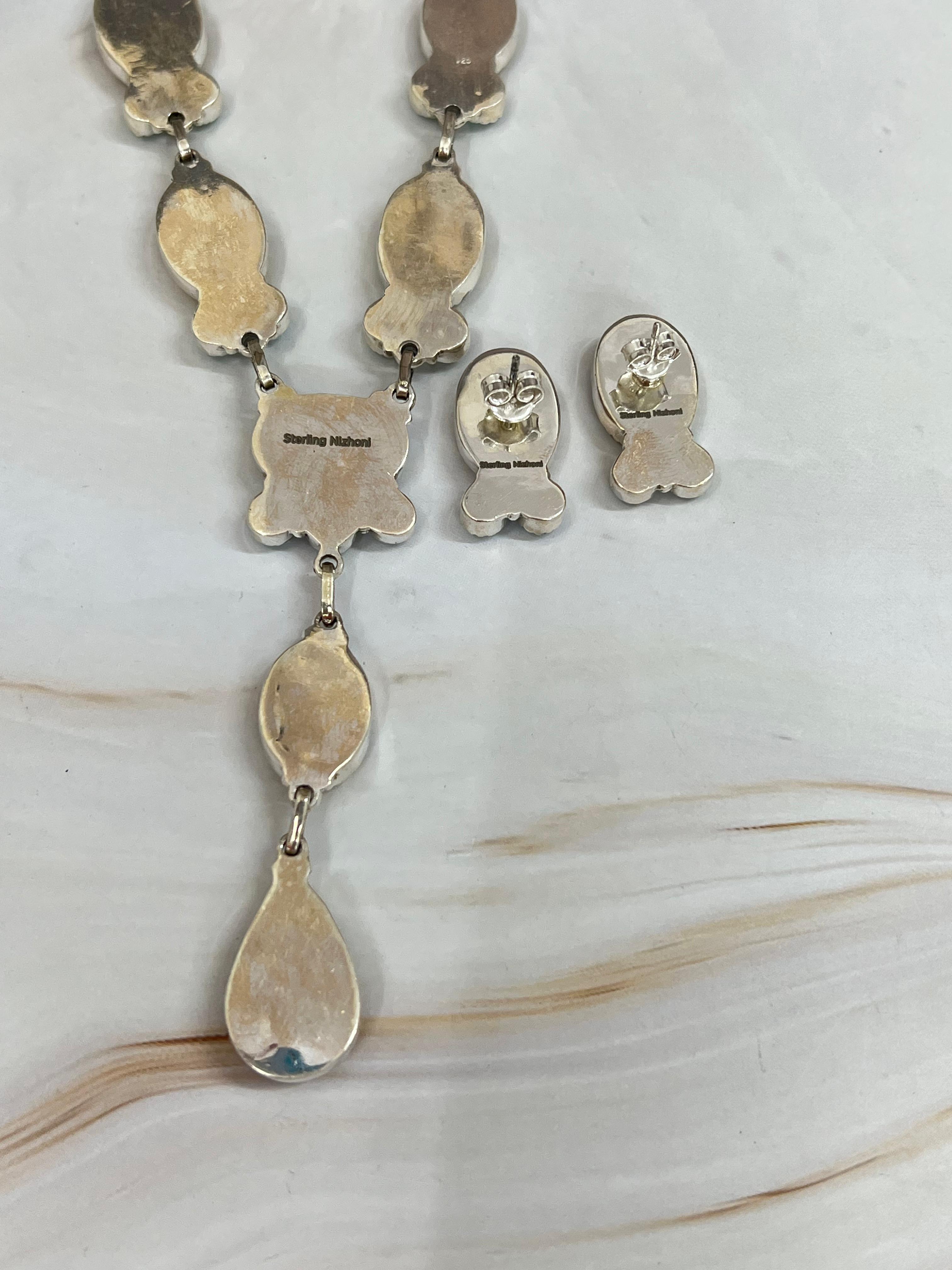 Handmade Sterling Silver Honey Dahlia with Kingman Turquoise Necklace Earrings Set, Signed Nizhoni