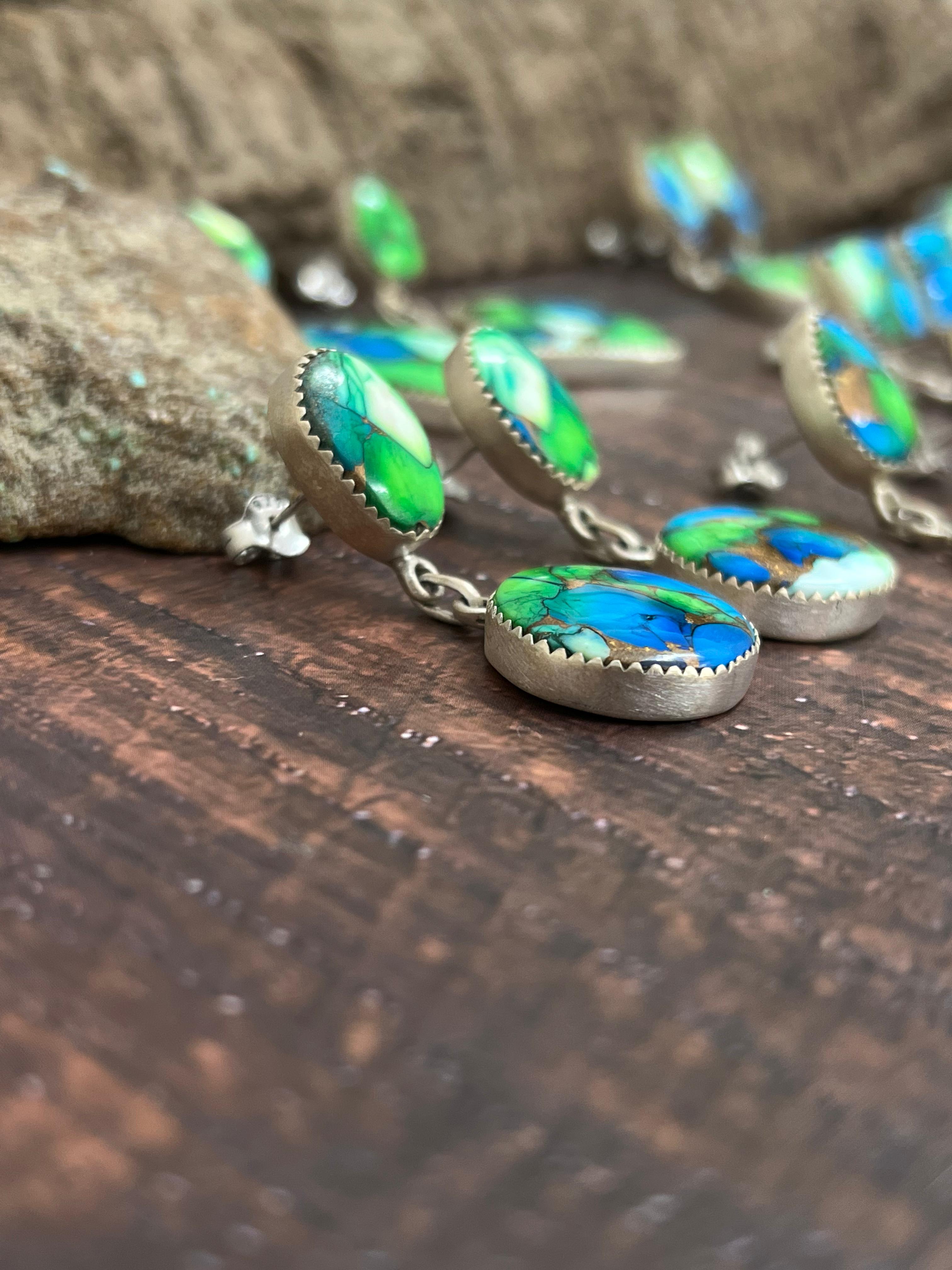 Handmade Sterling Silver Peacock Dahlia Post Earrings with Signed Nizhoni