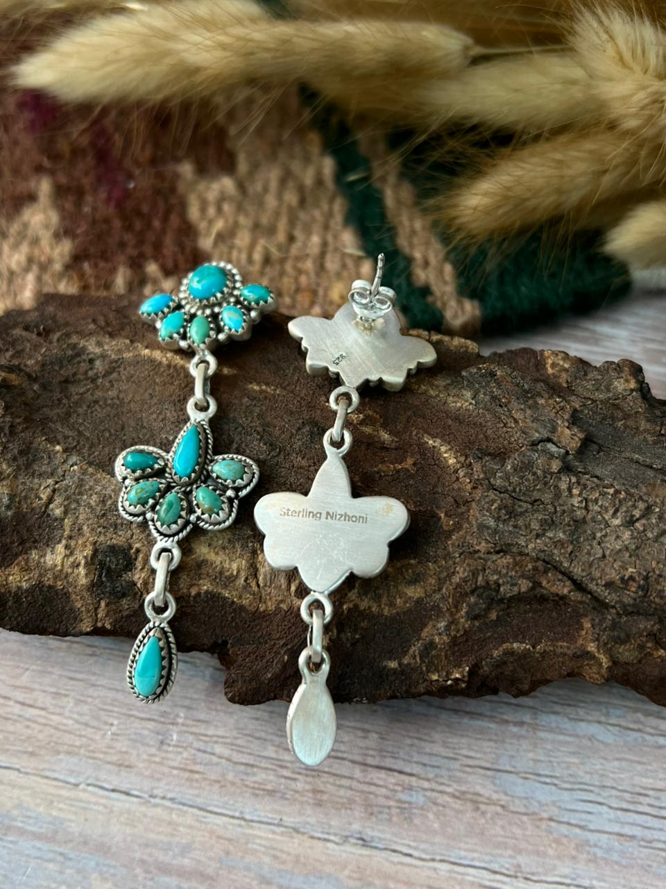 Handmade Sterling Silver Kingman Turquoise Post Dangle Earrings "Signed Nizhoni"