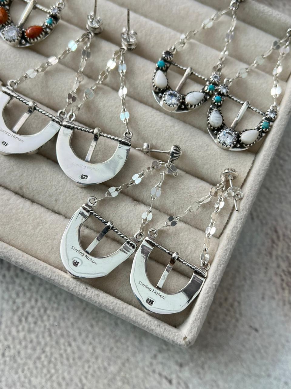 Handmade Sterling Silver Multi Stone Post Dangle Earrings "Signed Nizhoni"