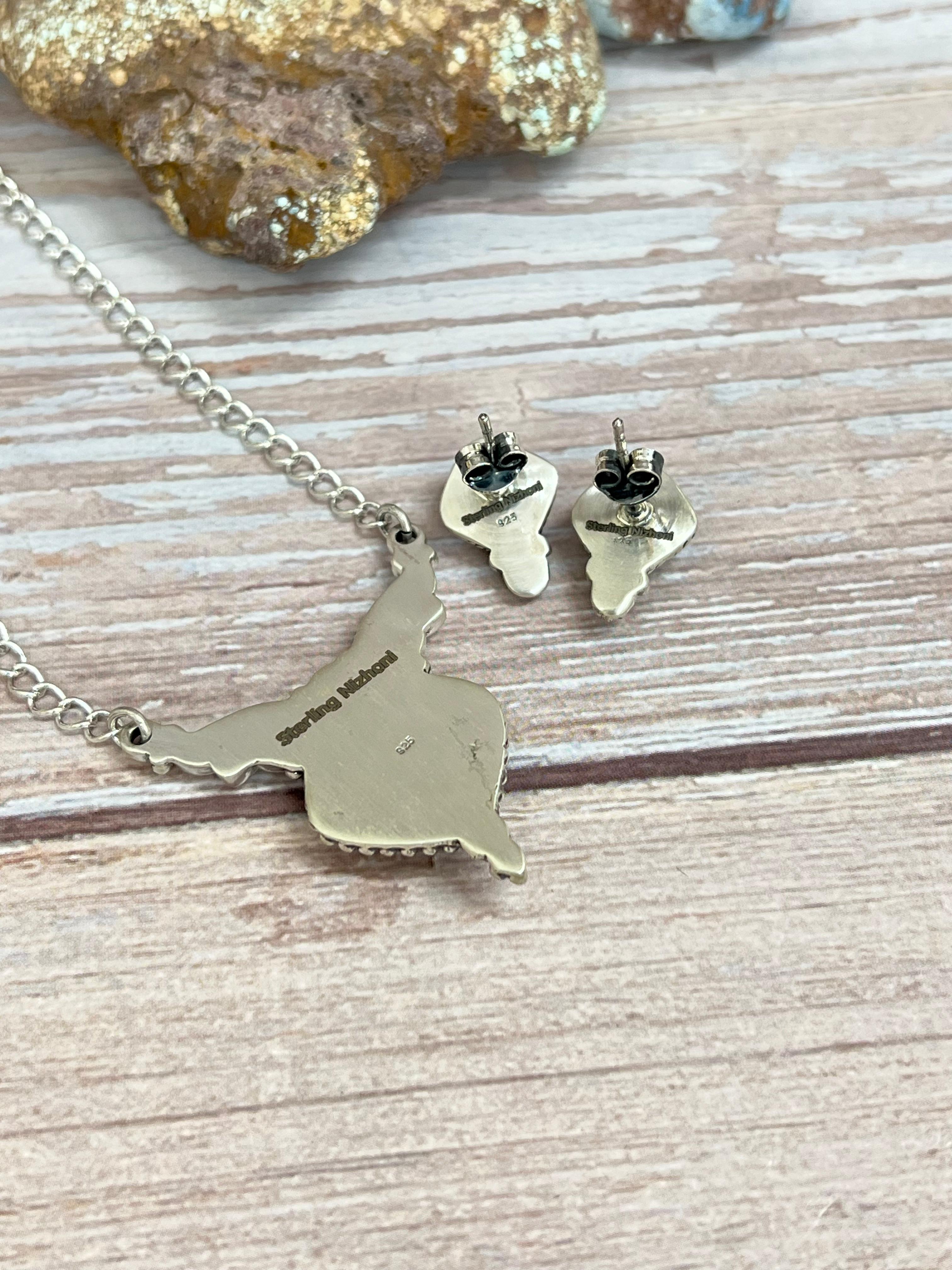 Handmade Sterling Silver Golden Hills Turquoise Necklace Earrings Set with Signed Nizhoni