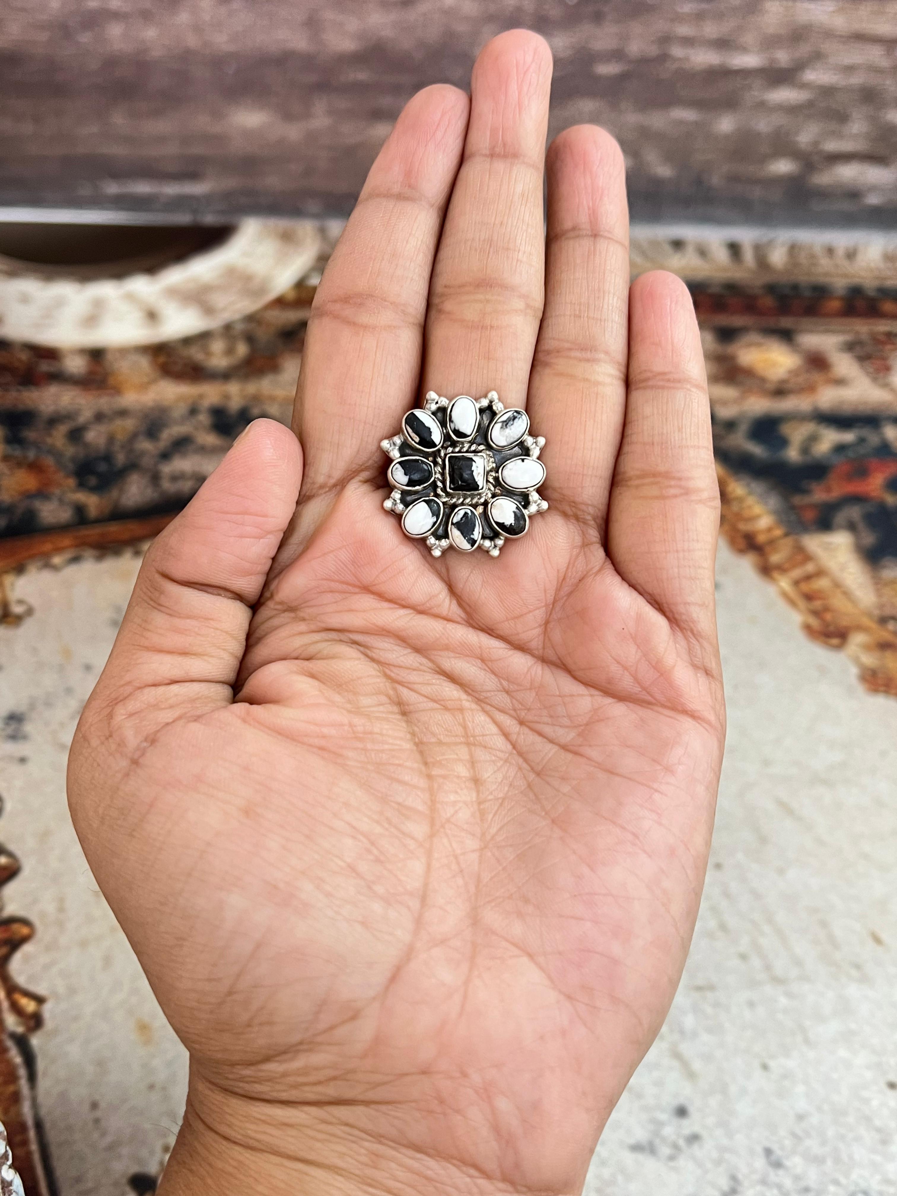 Handmade Sterling Silver White Buffalo Adjustable Ring, Signed Nizhoni