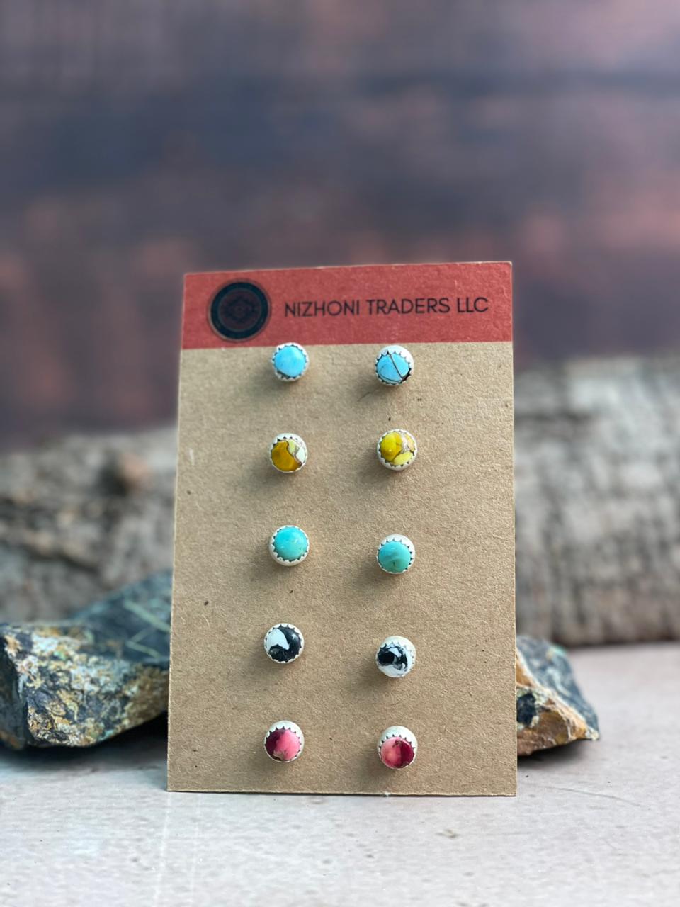Handmade Sterling Silver Multi Stone Post Studs Earrings Set