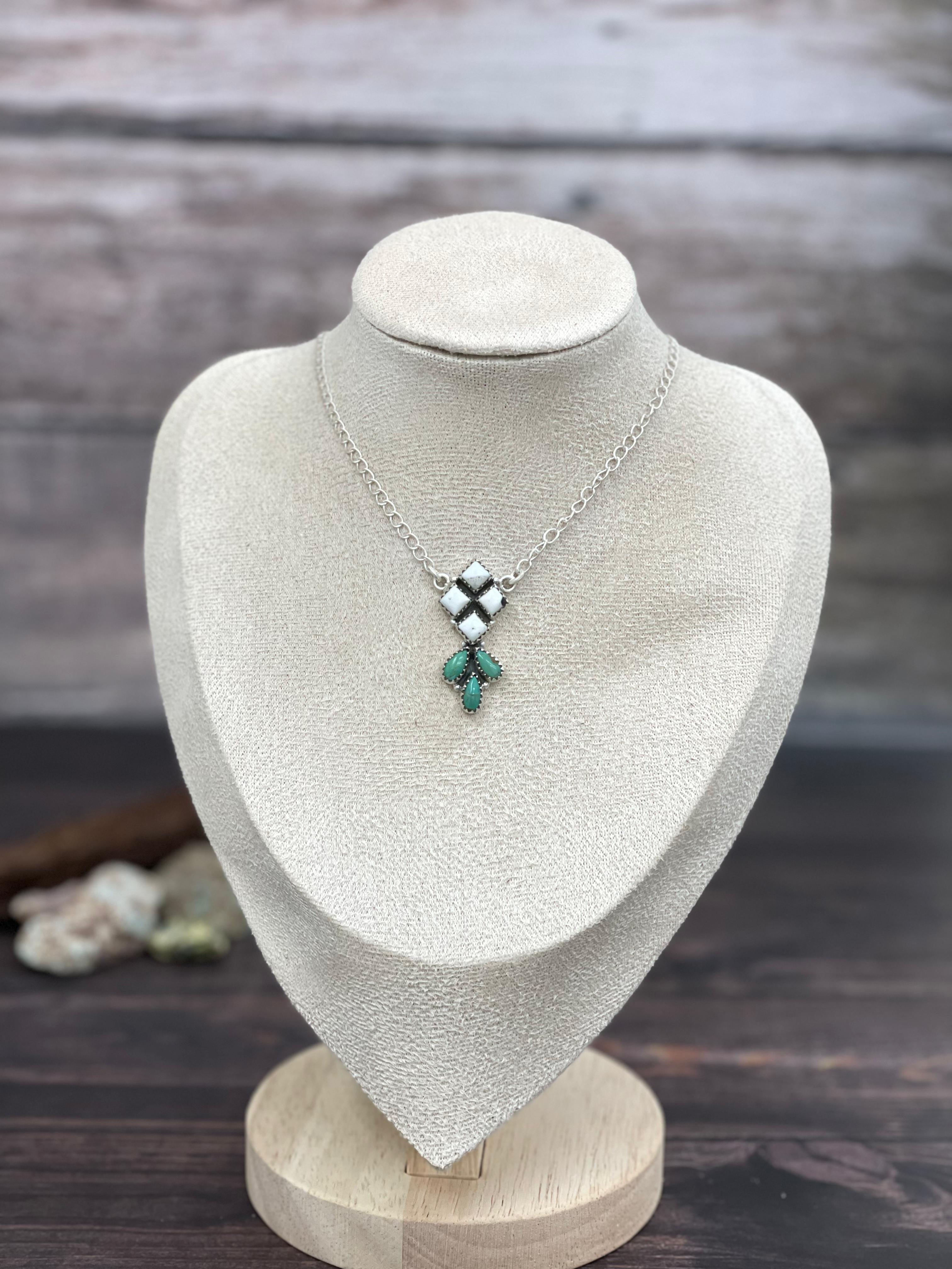 Handmade Sterling Silver Kingman Turquoise with White Buffalo Necklace Signed Nizhoni