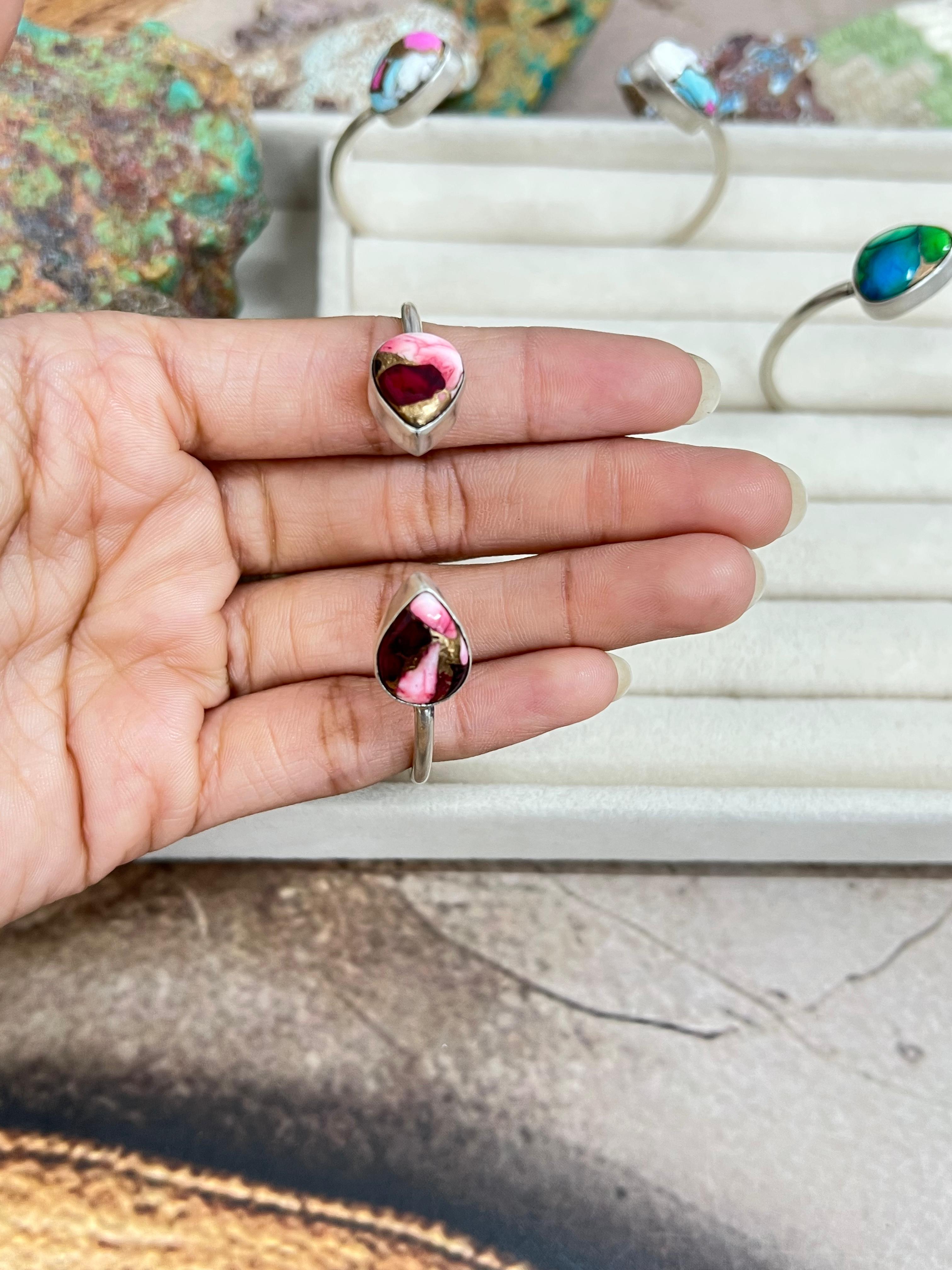 Handmade Sterling Silver Peacock Dahlia, Cotton Candy Turquoise, Dahlia Rose Cuff Bracelet with Signed Nizhoni