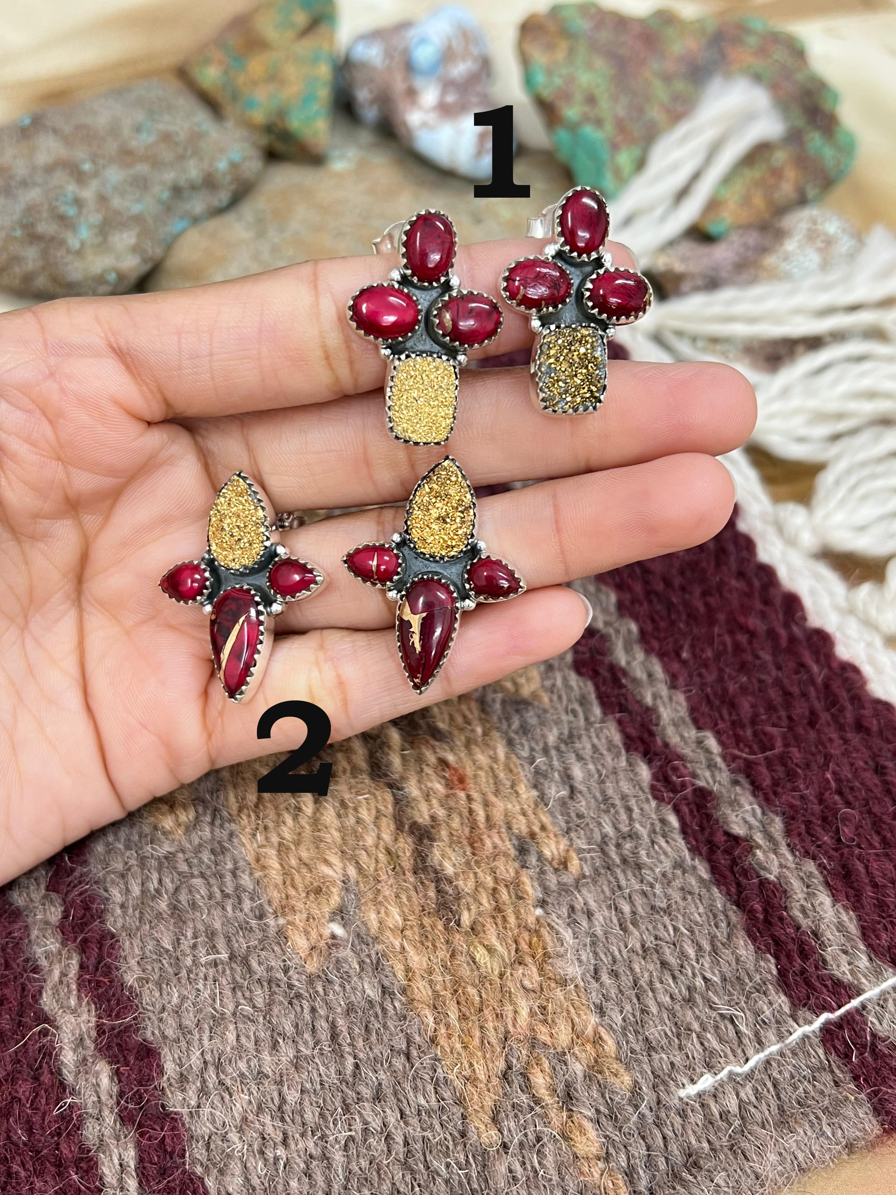 Handmade Sterling Silver Dahlia Rose with Druzy Studs, Signed Nizhoni