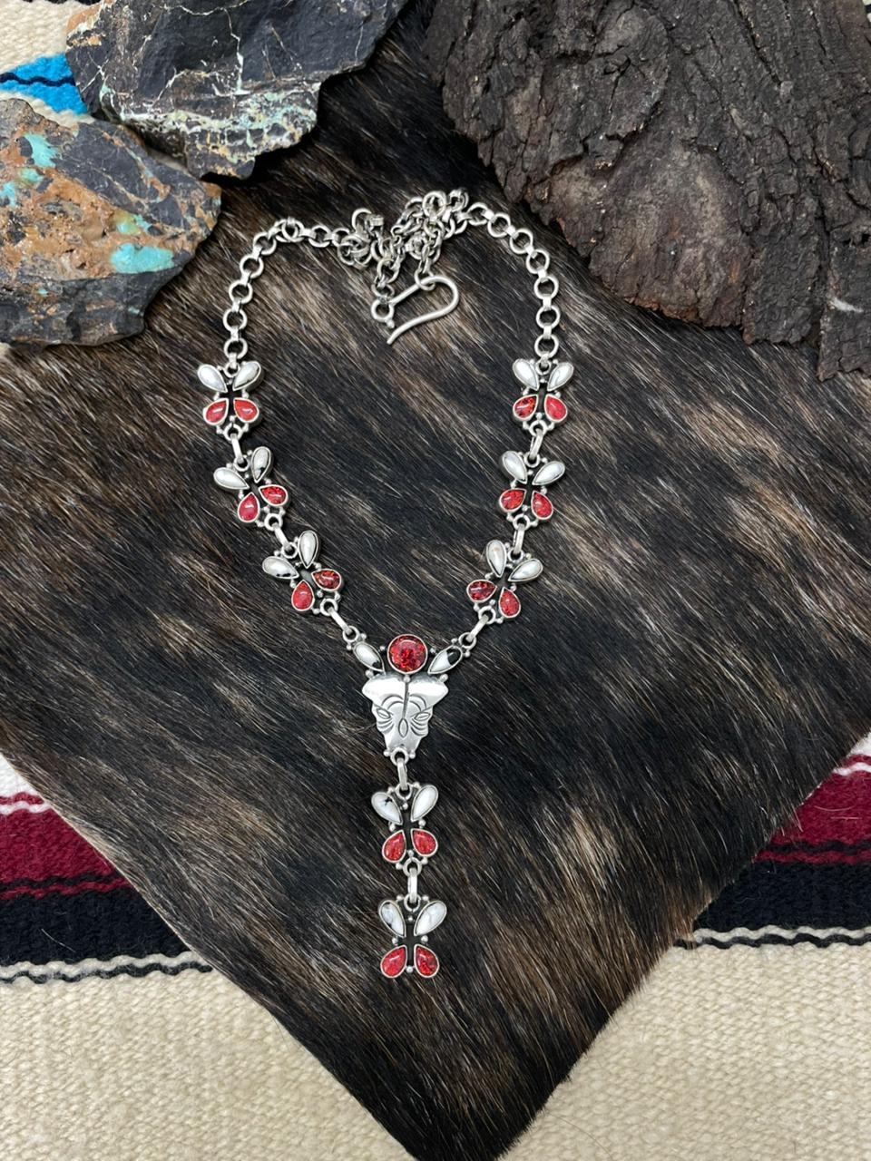 Handmade Sterling Silver White Buffalo with Red Opal Necklace "Signed Nizhoni"