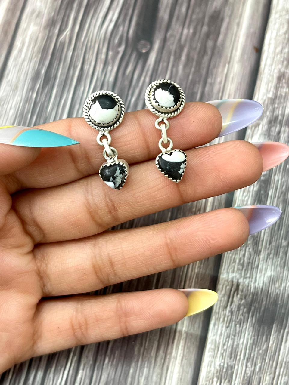 Handmade Sterling Silver White Buffalo Post Dangle Earrings "Signed Nizhoni"