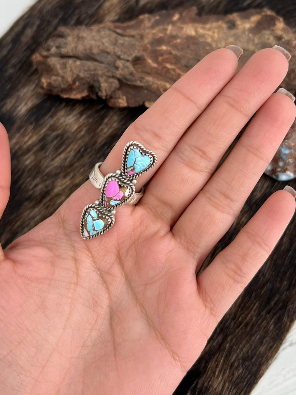 Handmade Sterling Silver Cotton Candy Turquoise Heart Adjustable Ring "Signed Nizhoni"