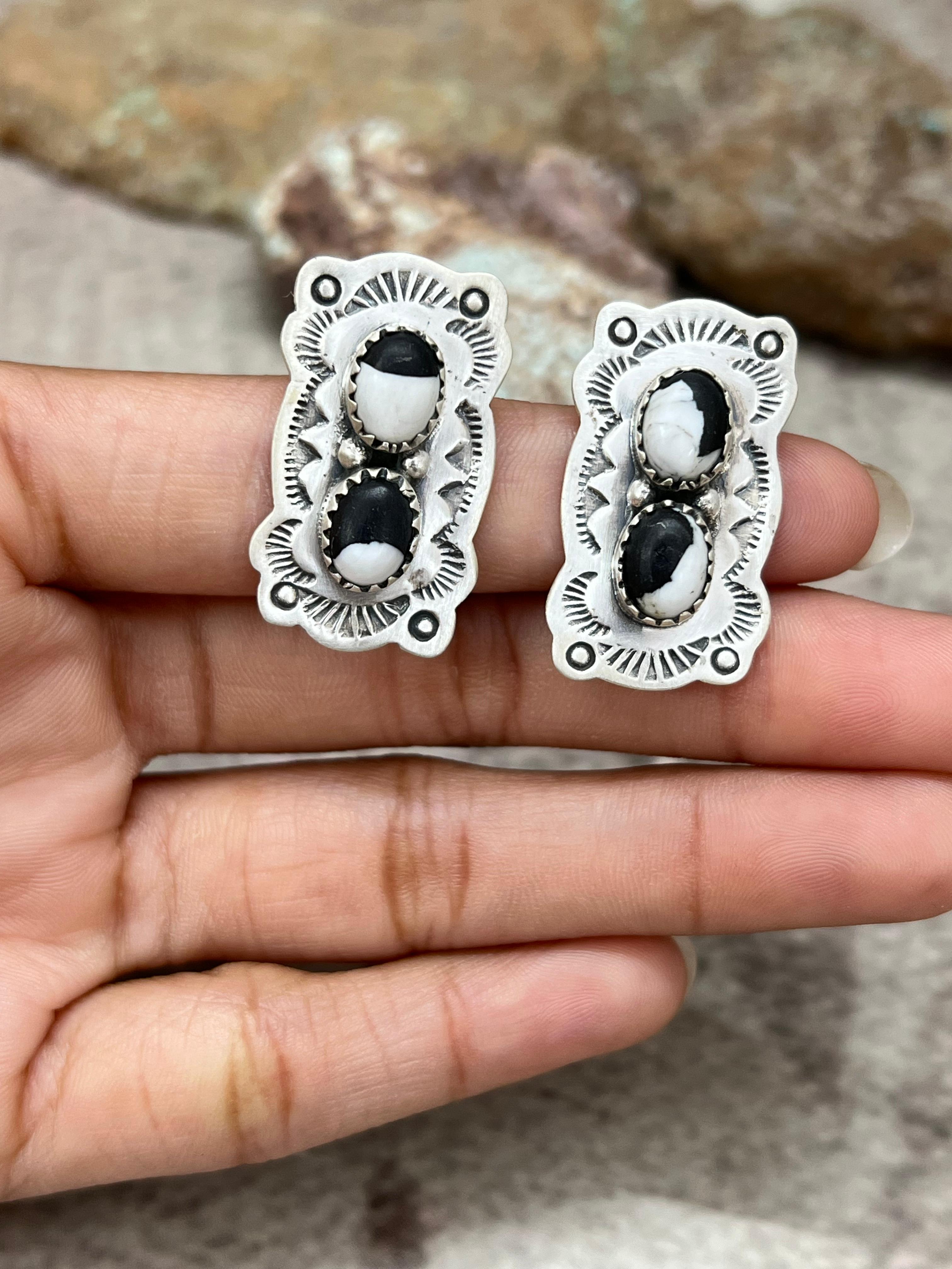 Handmade Sterling Silver White Buffalo Post Studs with Signed Nizhoni