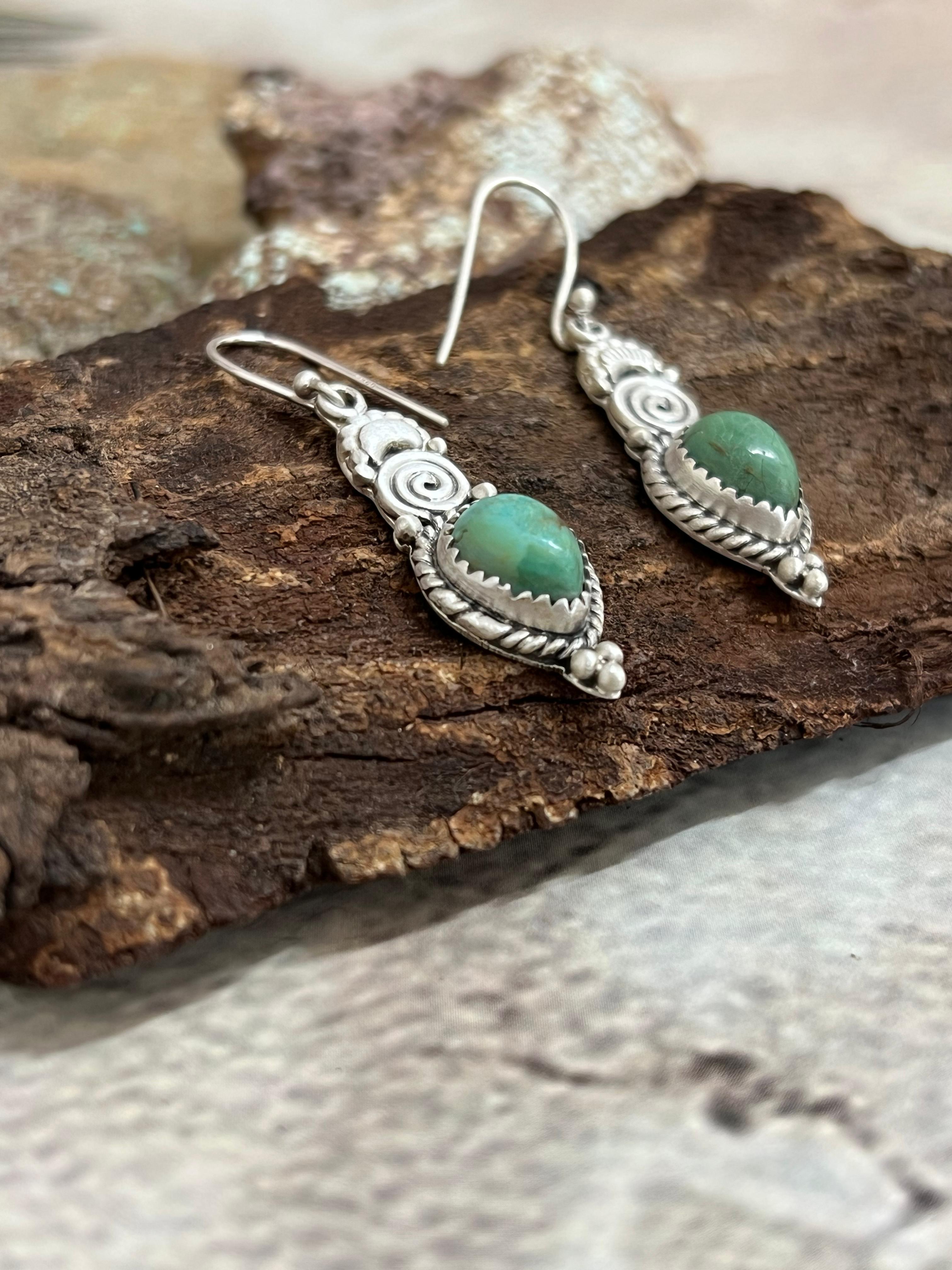 Handmade Sterling Silver Kingman Turquoise Hoop Dangle Earrings with Signed Nizhoni