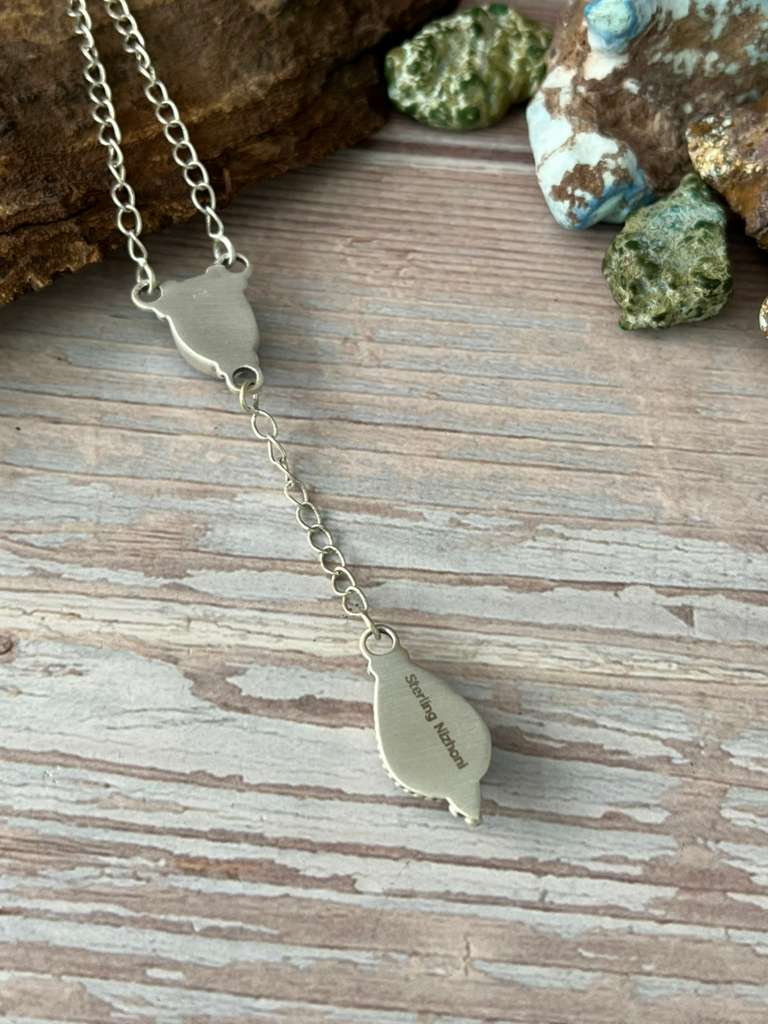 Handmade Sterling Silver Blackjack Turquoise Lariat Necklace with Signed Nizhoni