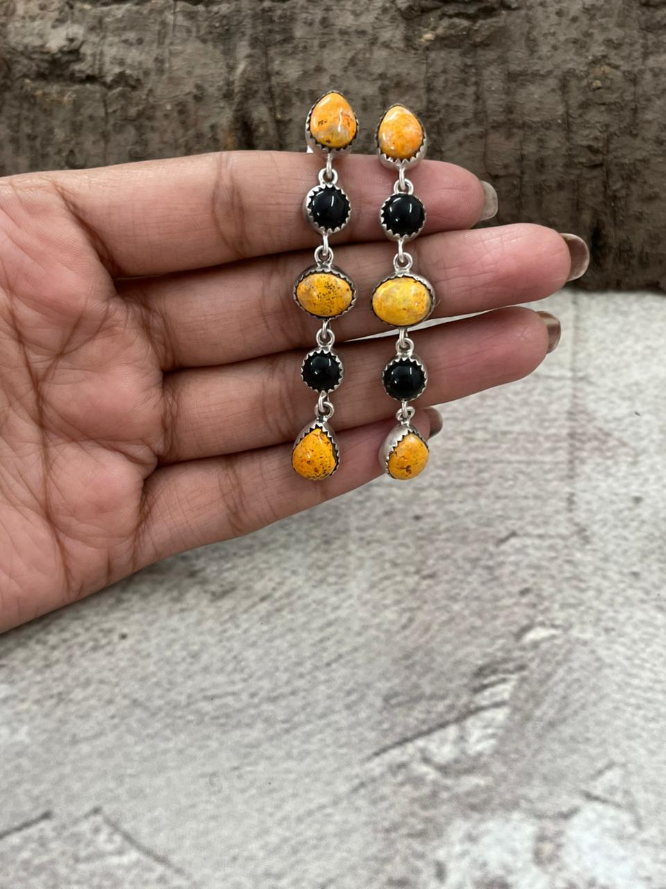 Handmade Sterling Silver Bumblebee with Black Onyx Post Dangle Earrings with Signed Nizhoni