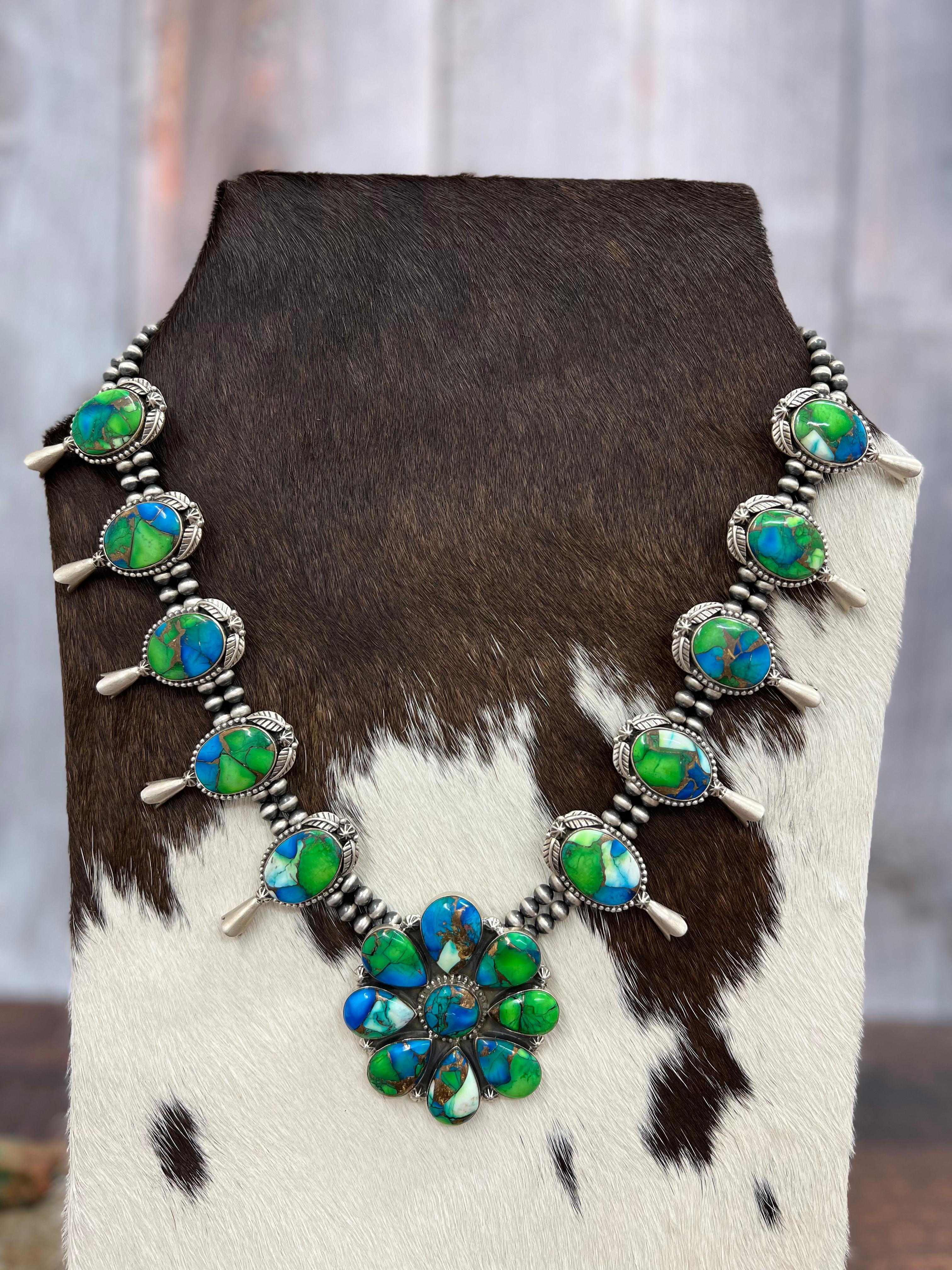 Handmade Sterling Silver Peacock Dahlia Beaded Necklace with Signed Nizhoni