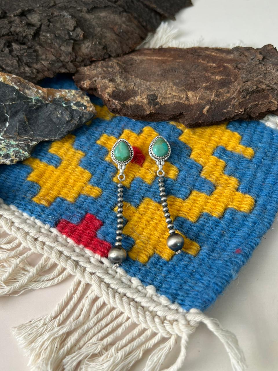 Handmade Sterling Silver Beaded Kingman Turquoise Post Dangle Earrings "Signed Nizhoni"