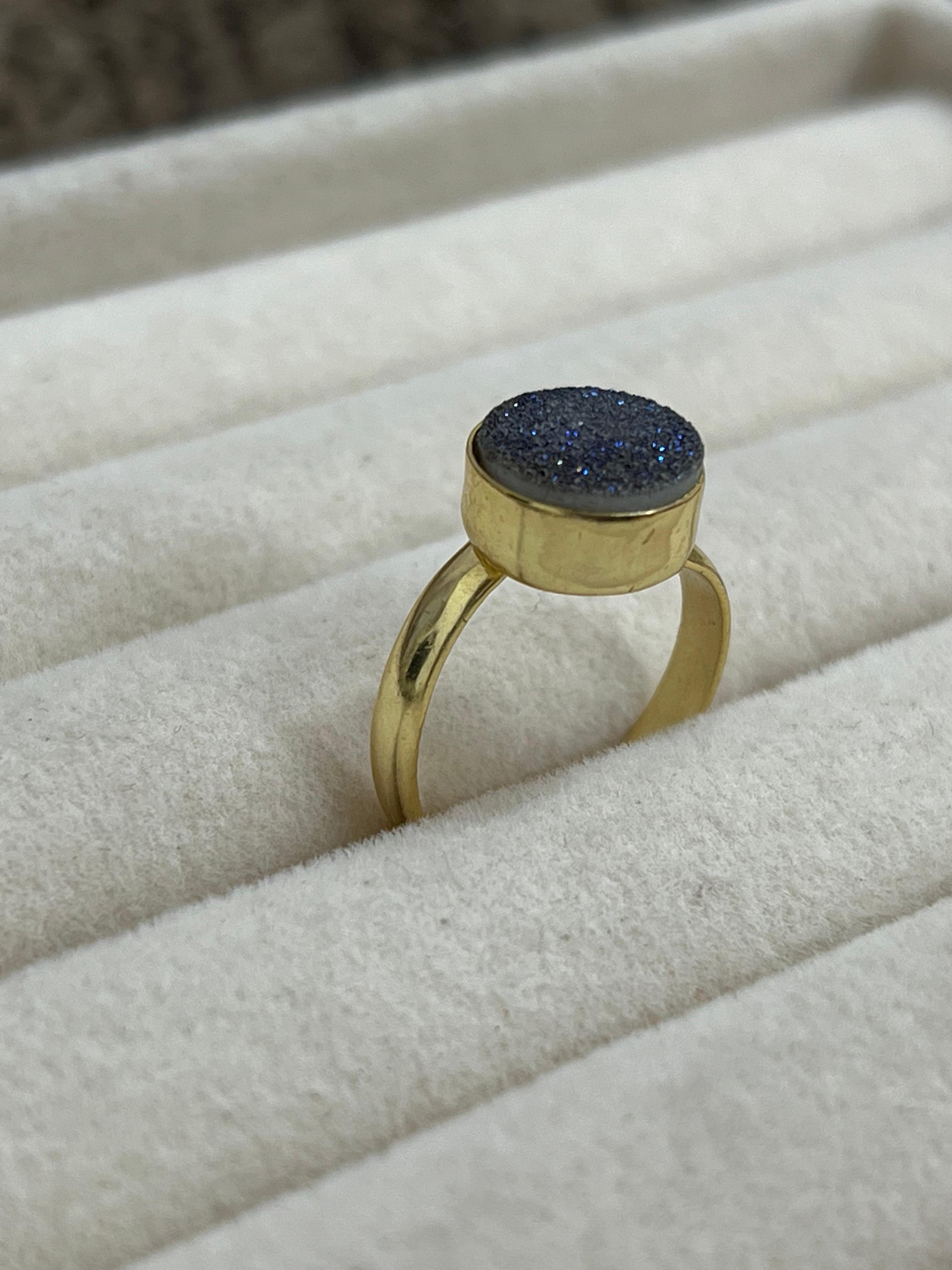 “The Boho Collection” Handmade Blue Circle Druzy Adjustable Ring Signed Nizhoni