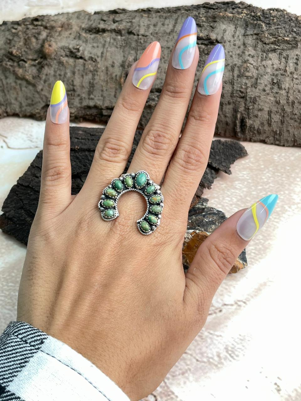 Handmade Sterling Silver Kingman Turquoise Naja Adjustable Ring "Signed Nizhoni"