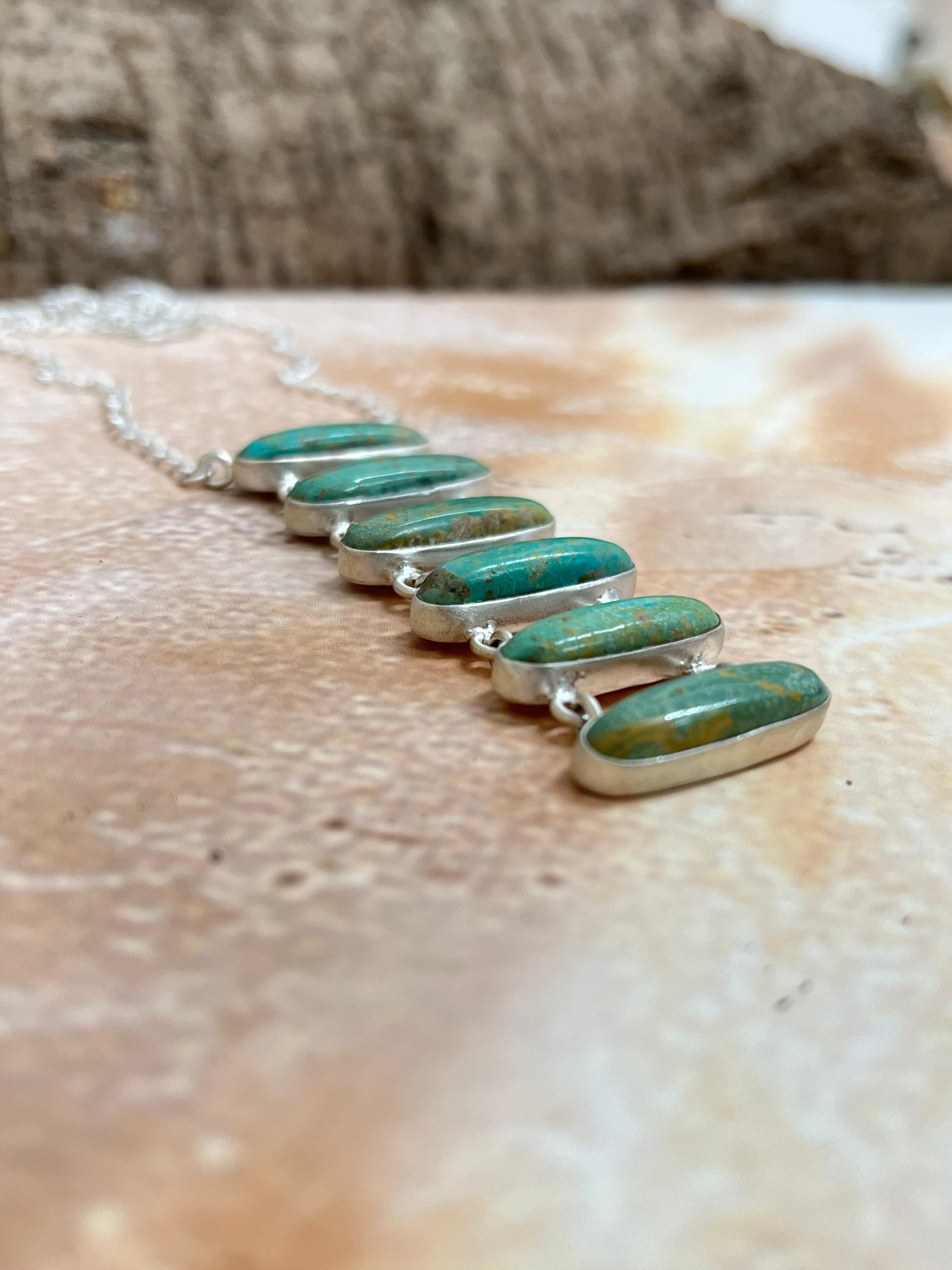 Handmade Sterling Silver Royston Turquoise Stairs Style Necklace with Signed Nizhoni