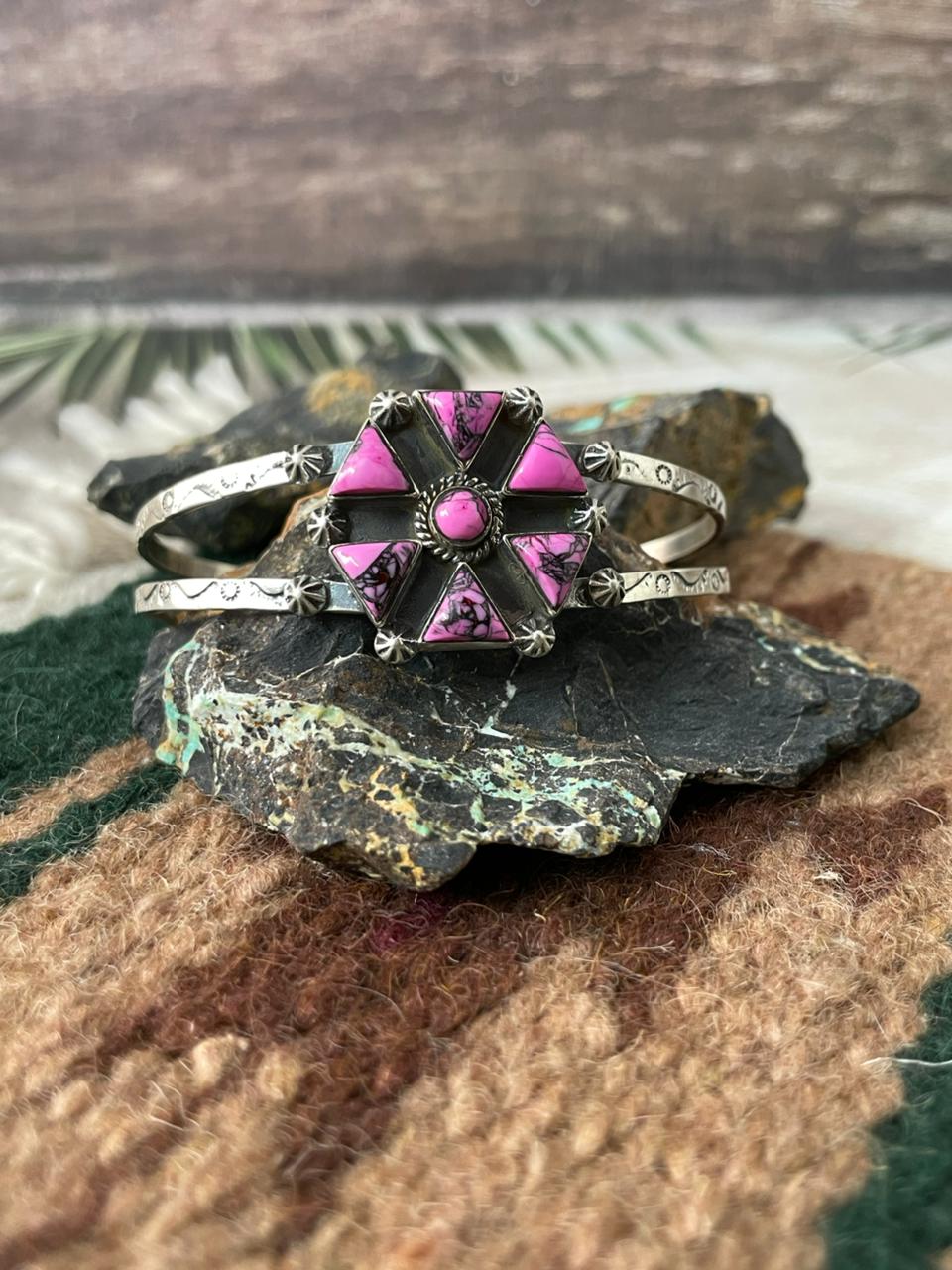 Handmade Sterling Silver Cherry Blossom Cuff Bracelet "Signed Nizhoni"