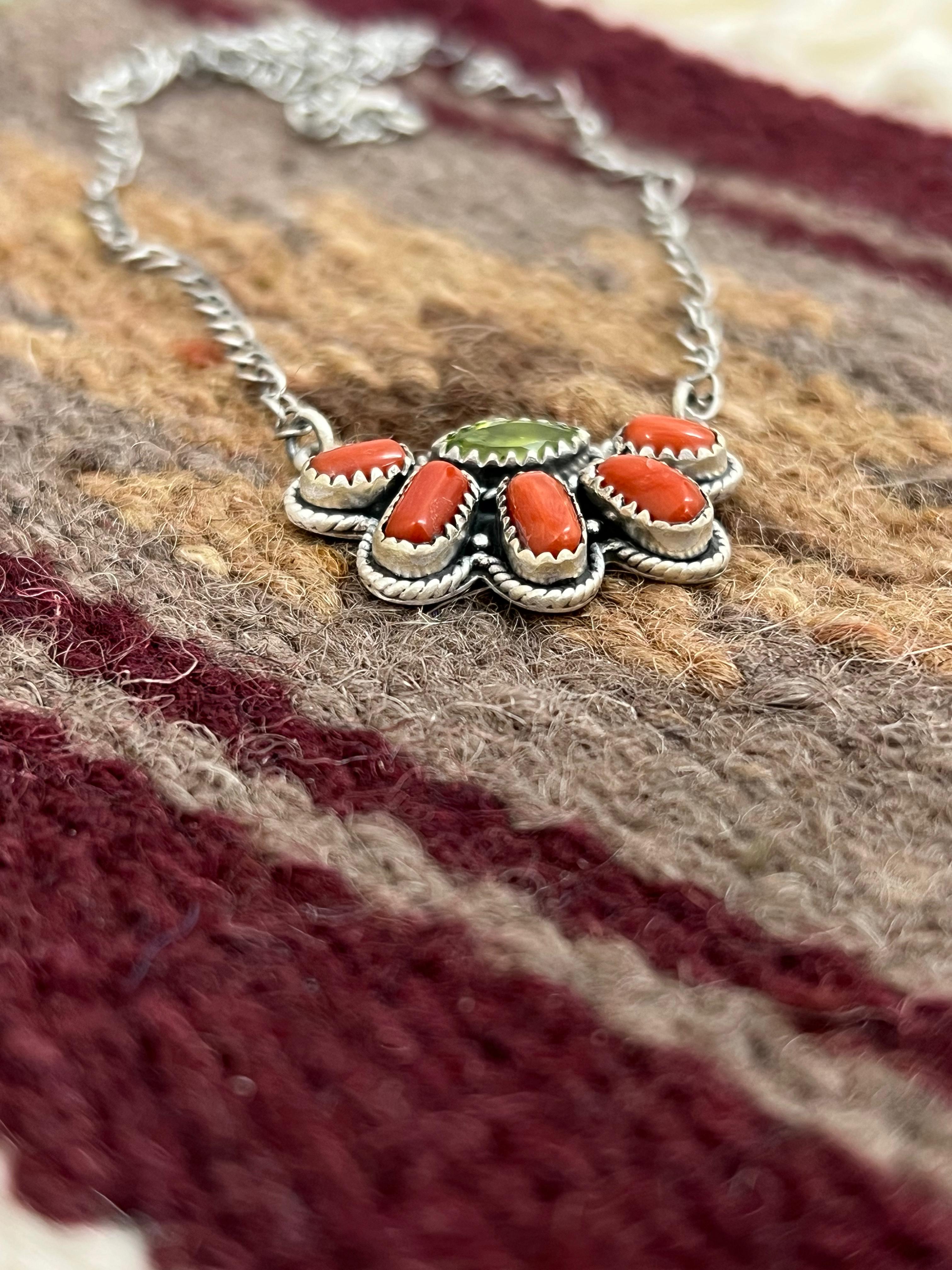 Christmas Collection Handmade Sterling Silver Coral with Peridot Necklace with Signed Nizhoni