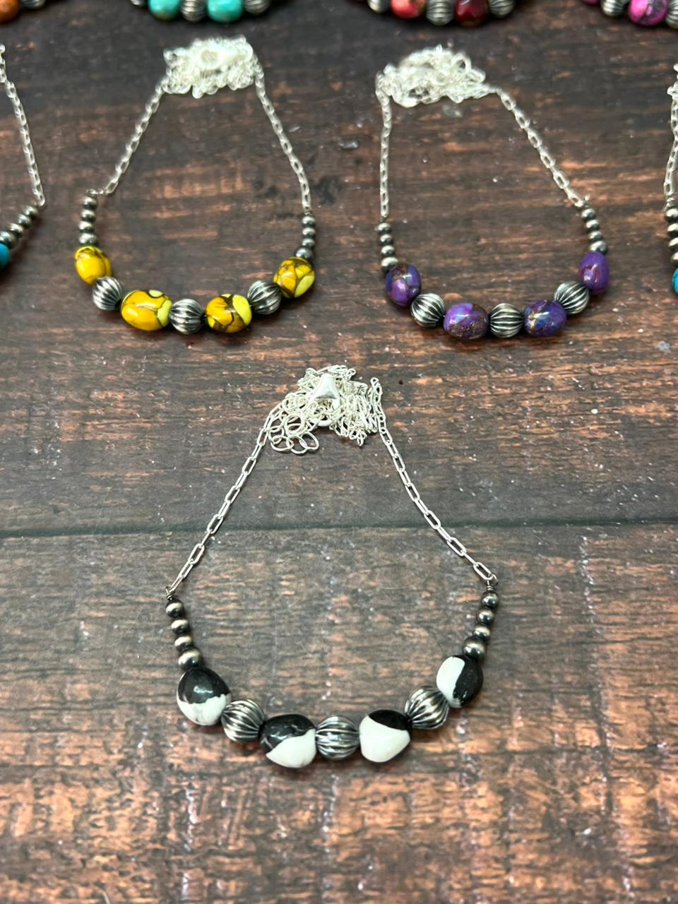Handmade Sterling Silver Beaded Multi Stone Necklace "Signed Nizhoni"