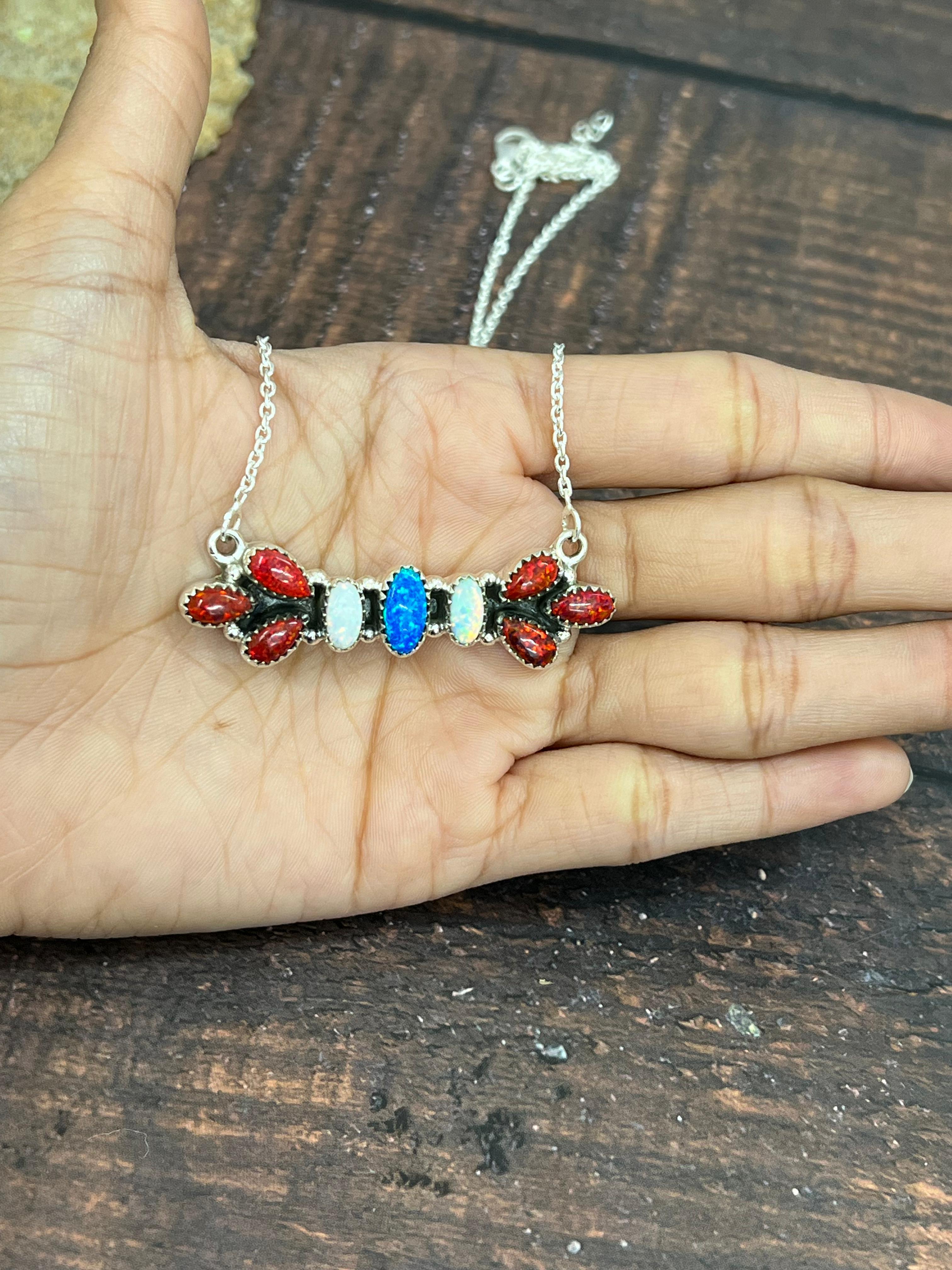 ** 4TH OF JULY ** Handmade Sterling Silver Synthetic Opal Necklace with Signed Nizhoni