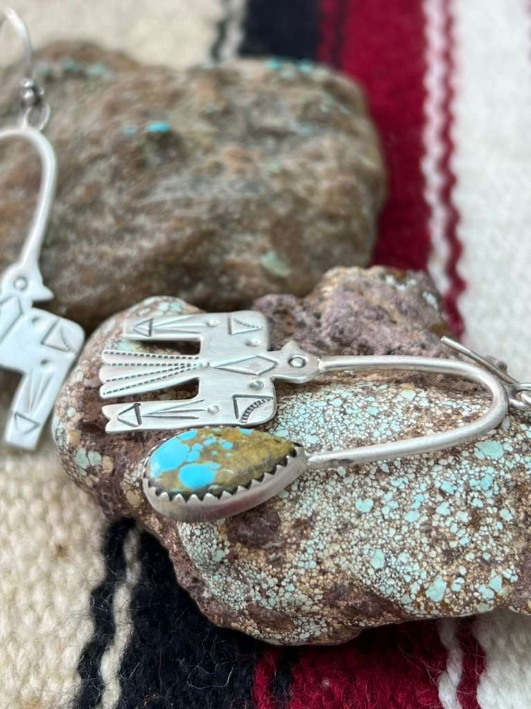 Handmade Sterling Silver Number 8 Turquoise Hook Dangle Earrings "Signed Nizhoni"