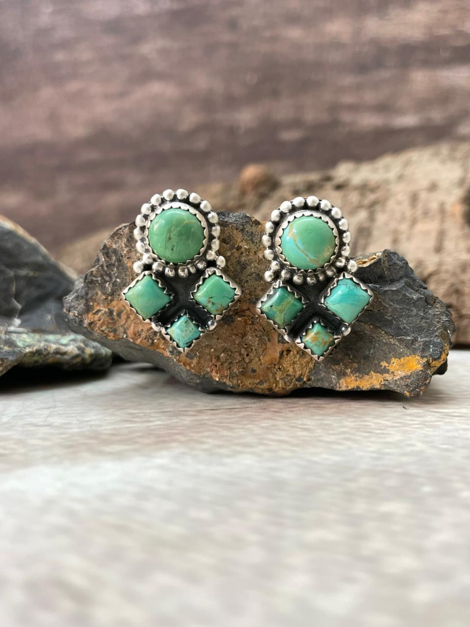 Handmade Sterling Silver Kingman Turquoise Post Studs Earrings "Signed Nizhoni"