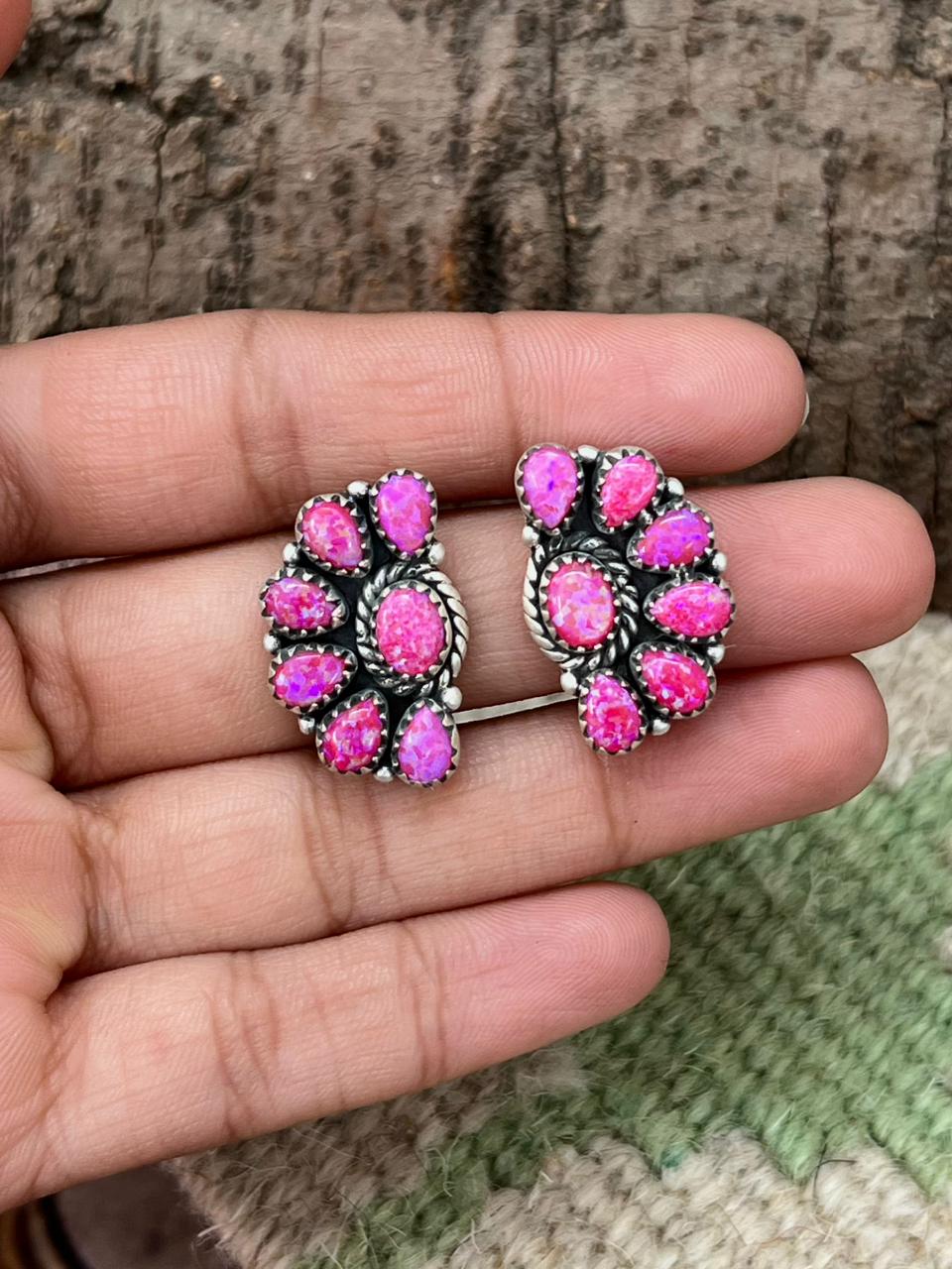 Handmade Sterling Silver Hot Pink Post Studs Earrings "Signed Nizhoni"