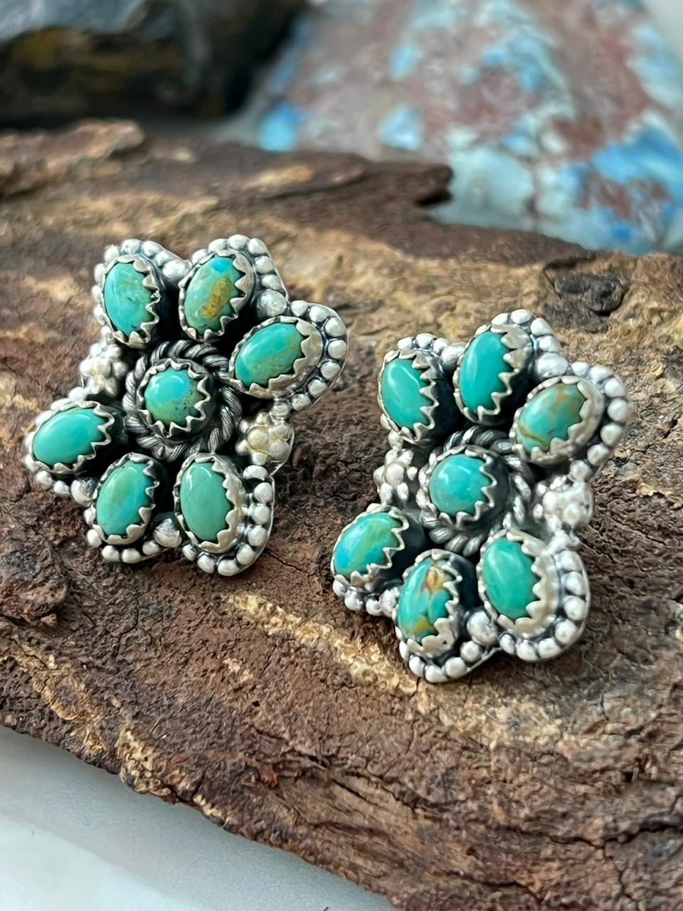 Handmade Sterling Silver Kingman Turquoise Post Studs Earrings "Signed Nizhoni"