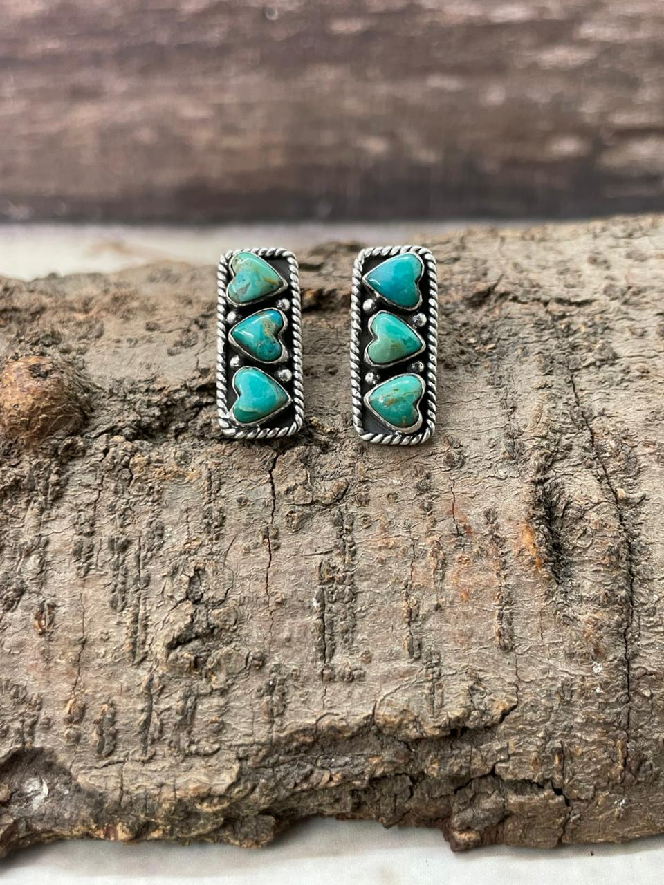 "Heart Collection" Handmade Sterling Silver Kingman Turquoise Post Studs Earrings "Signed Nizhoni"