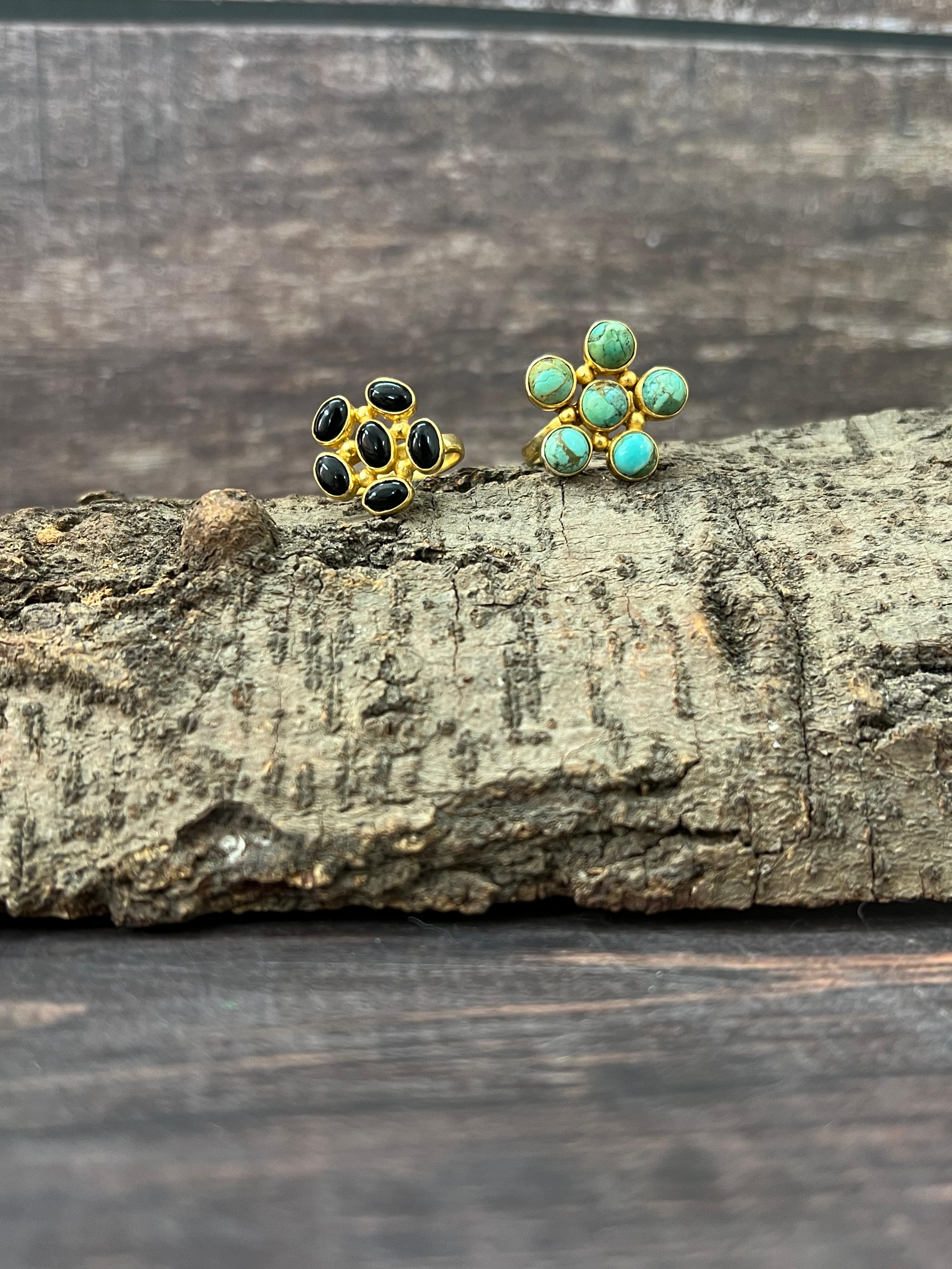 “The Golden Collection” Natural Old Stock Royston Turquoise, Black Onyx Adjustable Ring