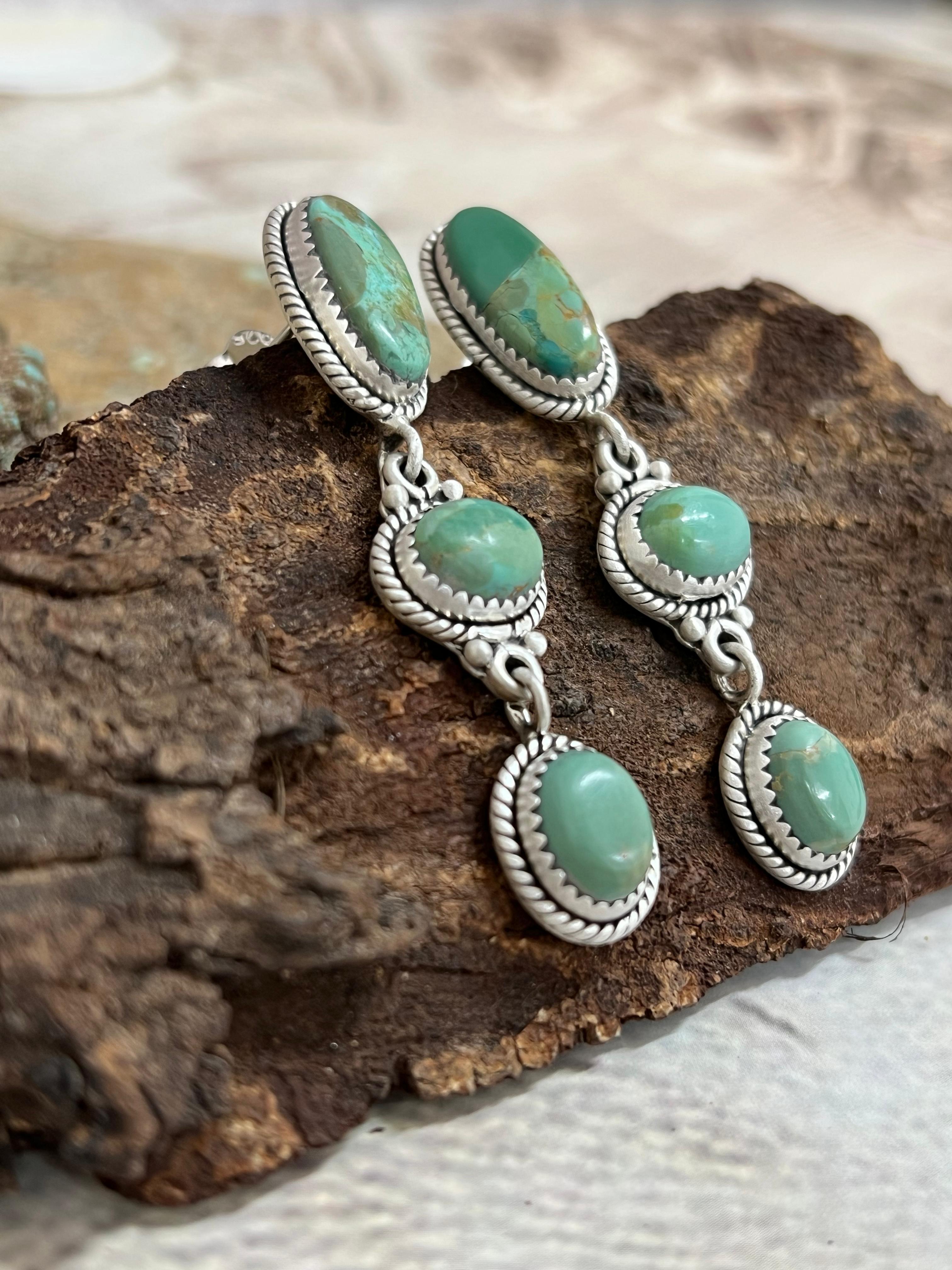 Handmade Sterling Silver Kingman Turquoise Post Dangle Earrings with Signed Nizhoni