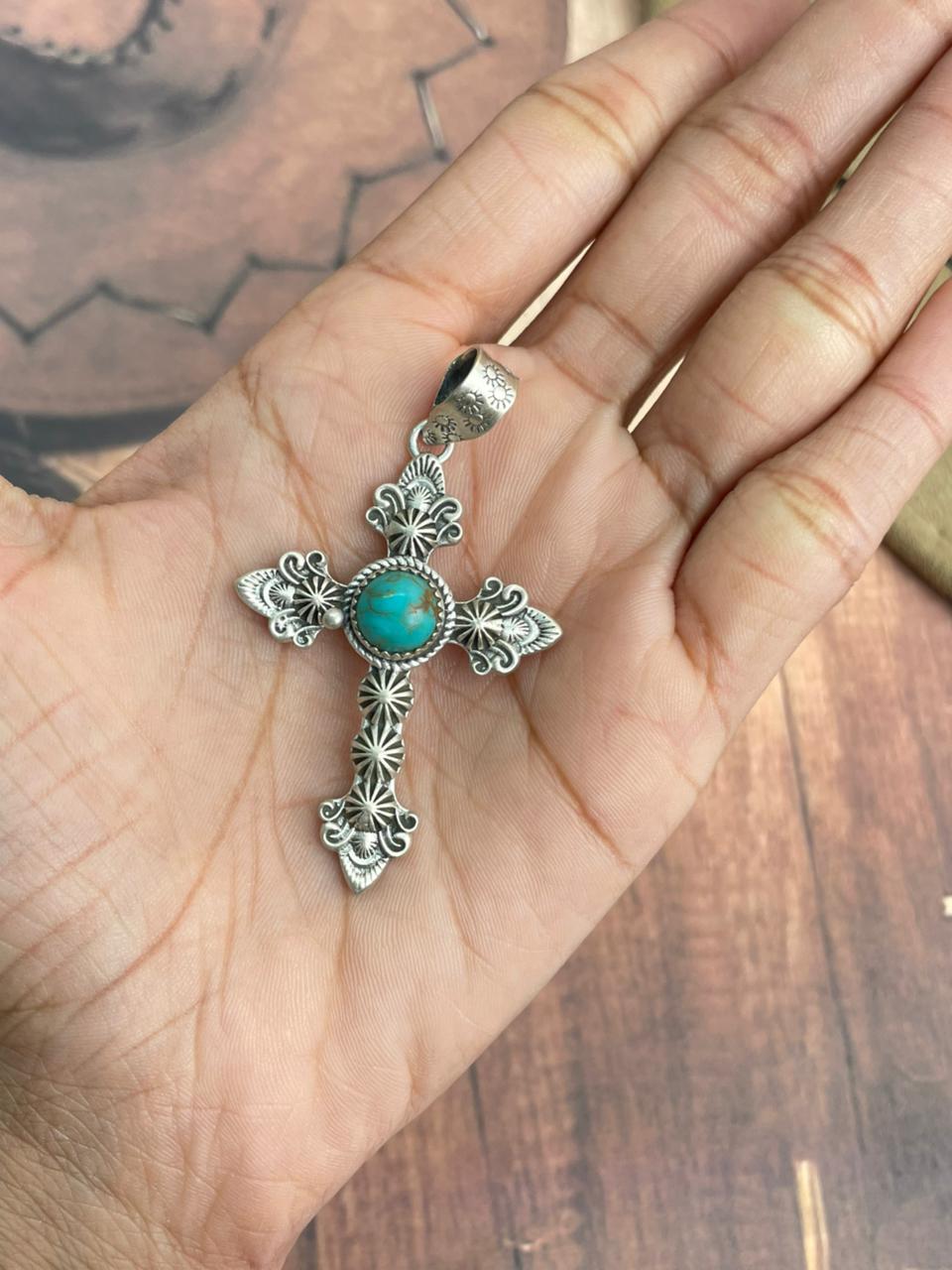 Handmade Sterling Silver Kingman Turquoise Cross Pendant "Signed Nizhoni"