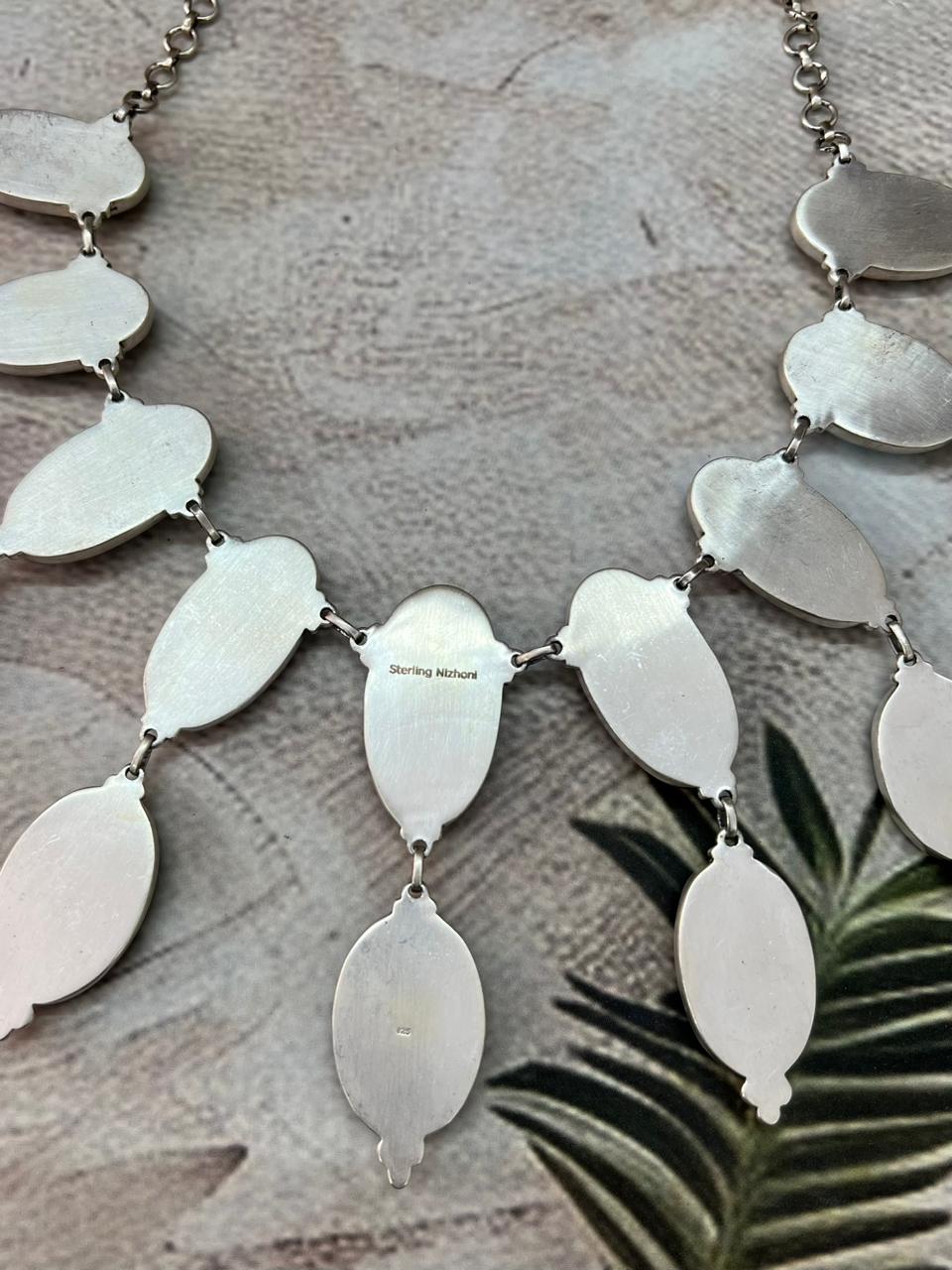 Handmade Sterling Silver Lander Turquoise Necklace with Signed Nizhoni