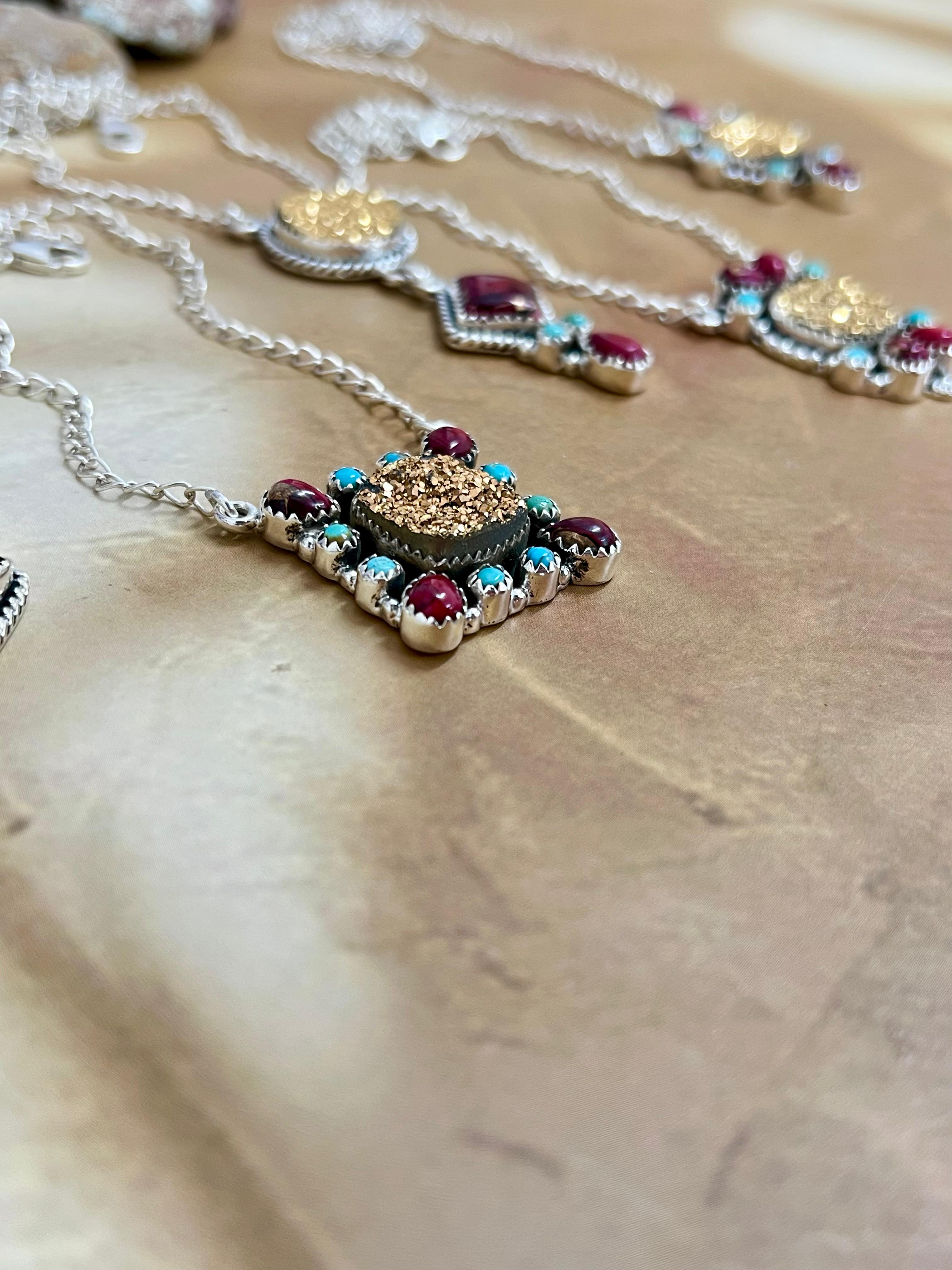 Handmade Sterling Silver Dahlia Rose with Druzy & Kingman Necklace, Signed Nizhoni