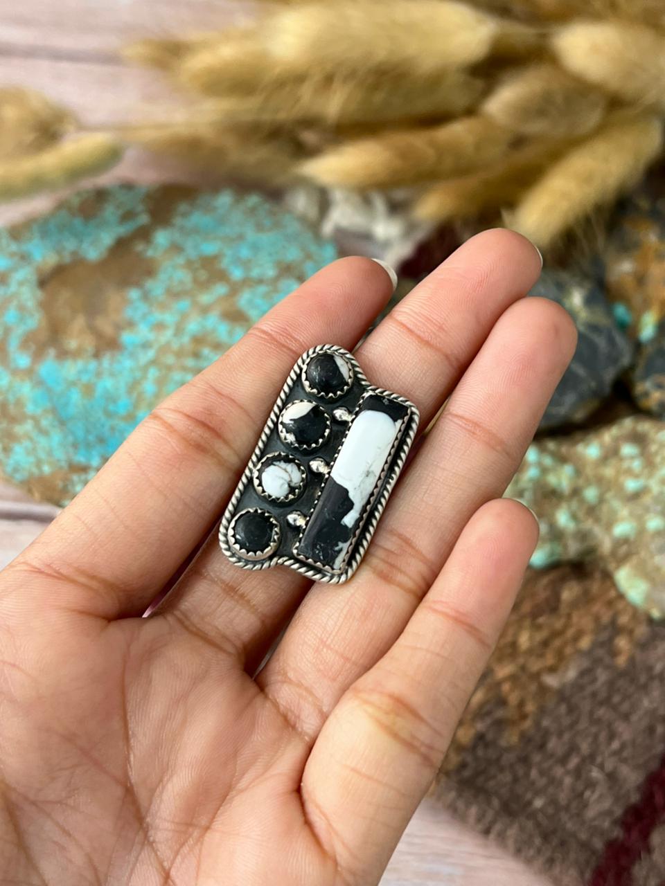 Handmade Sterling Silver White Buffalo Adjusatble Ring "Signed Nizhoni"