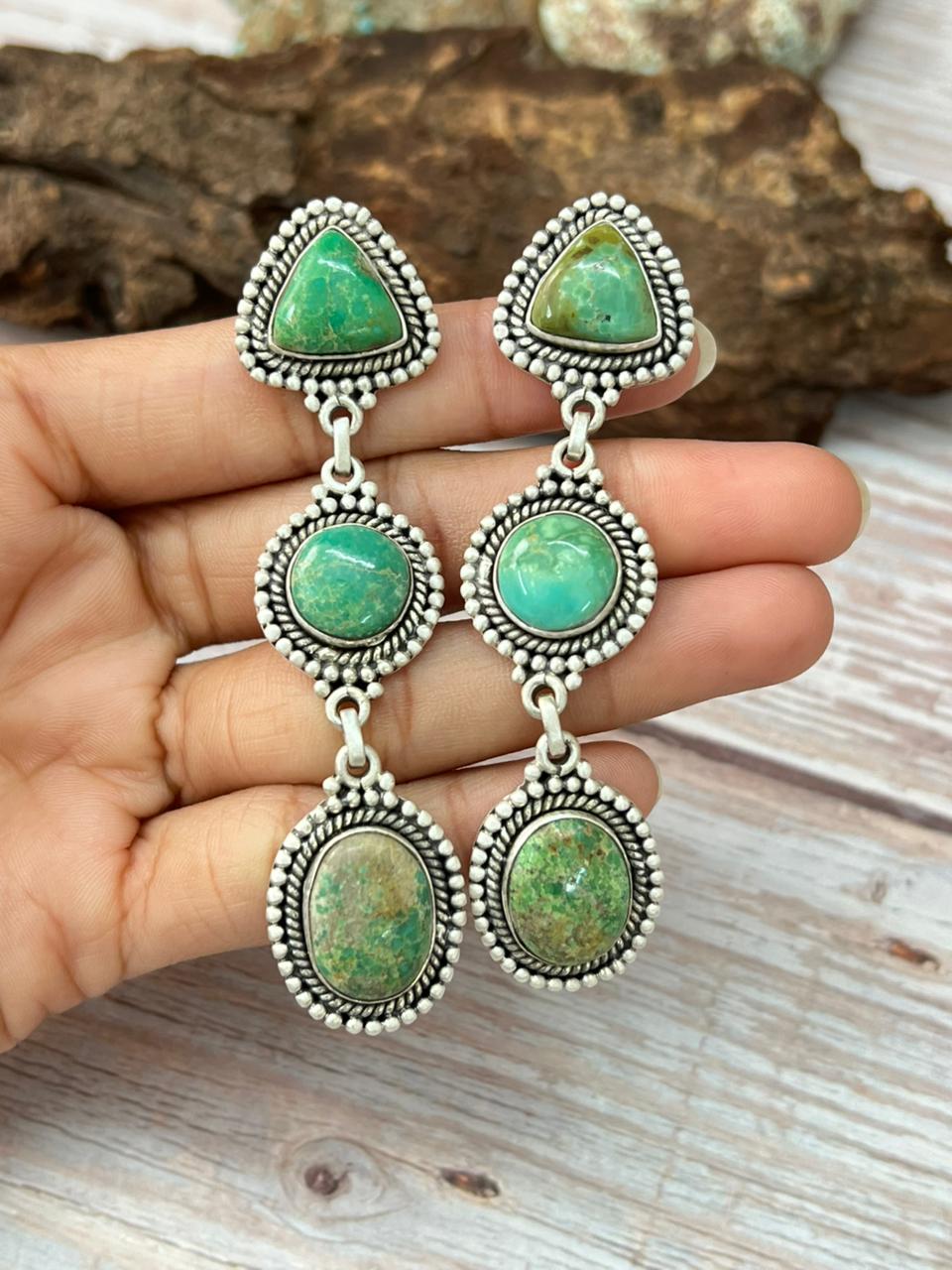 Handmade Sterling Silver Mantis Turquoise Post Dangle Earrings with Signed Nizhoni