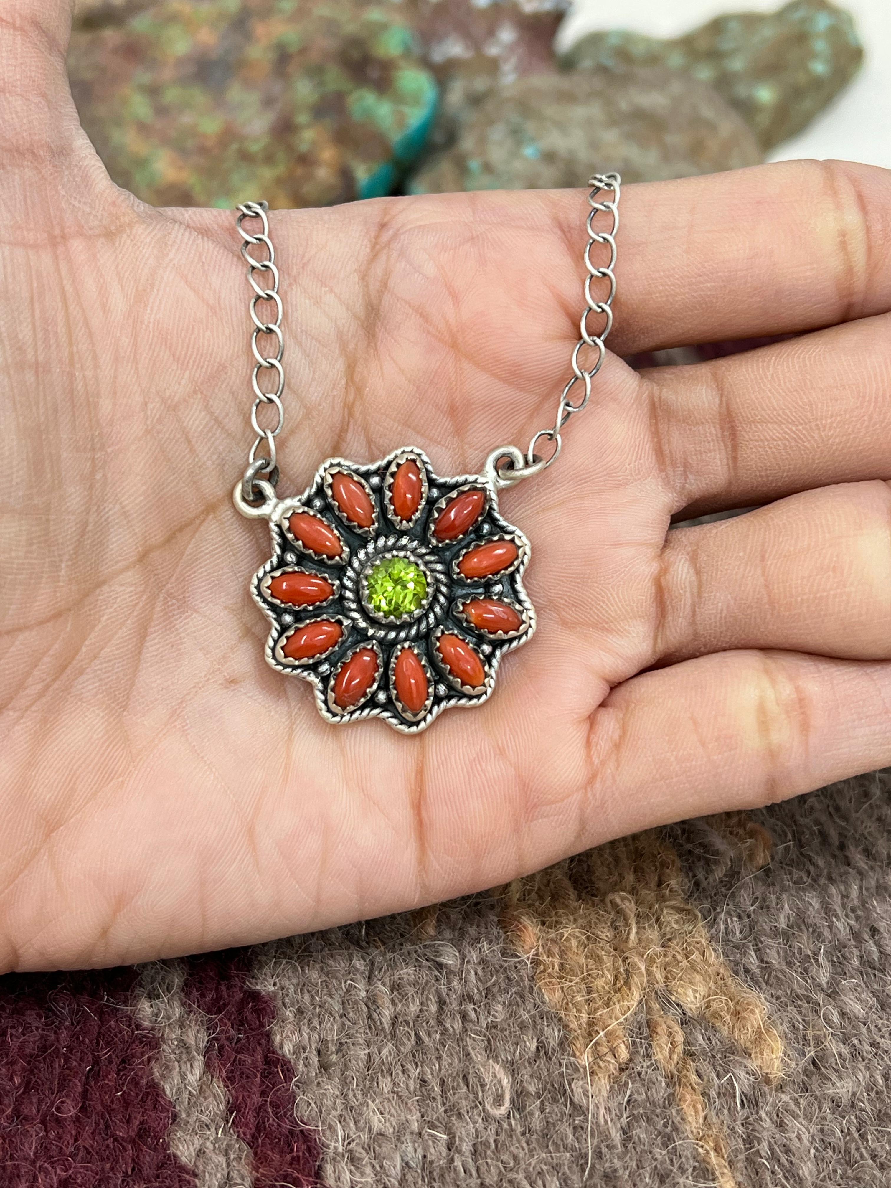 Christmas Collection Handmade Sterling Silver Coral with Peridot Necklace with Signed Nizhoni