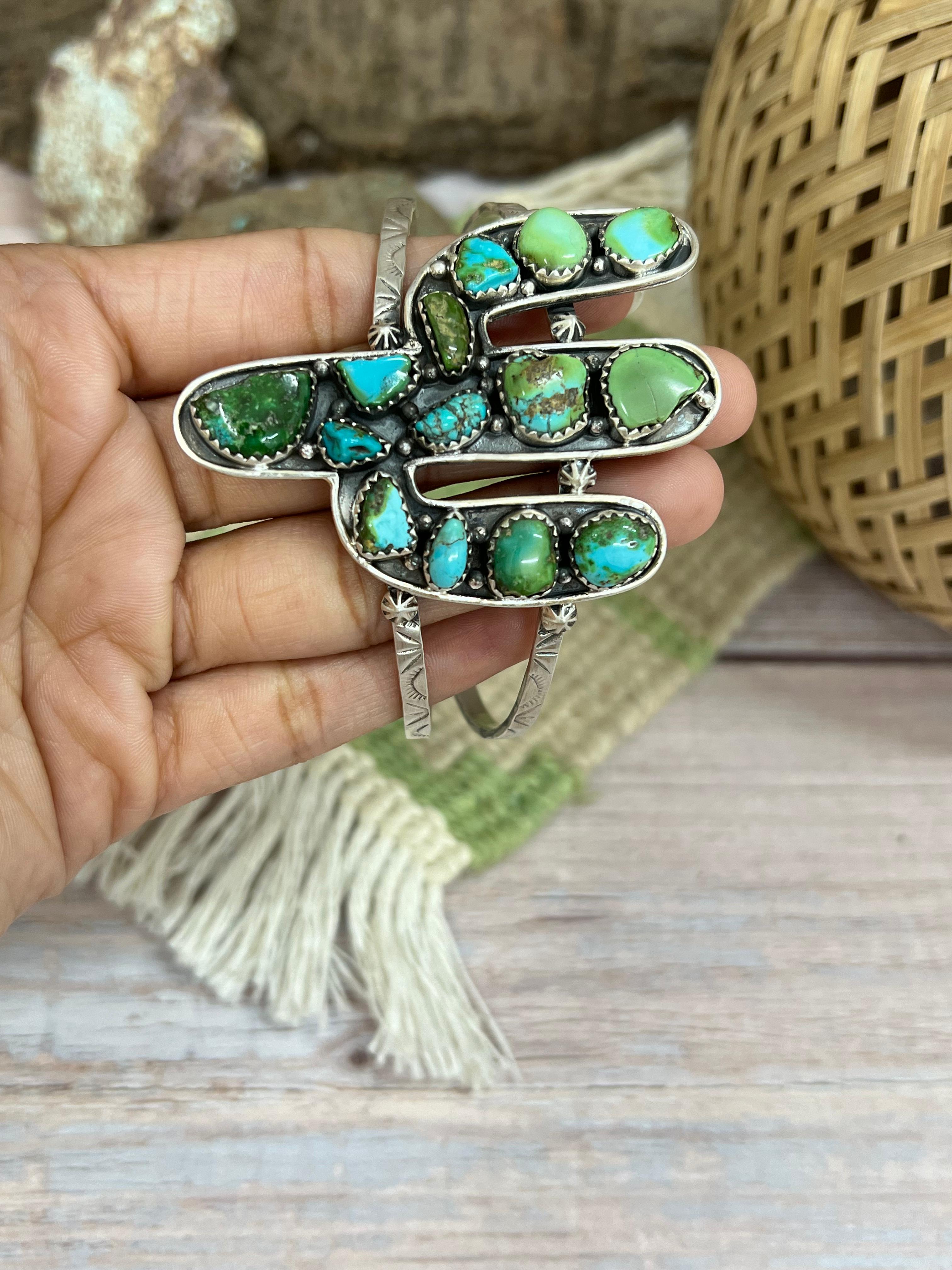 Handmade Sterling Silver Golden Hill, Sonoran Mountain Turquoise Cactus Bracelet with Signed Nizhoni /